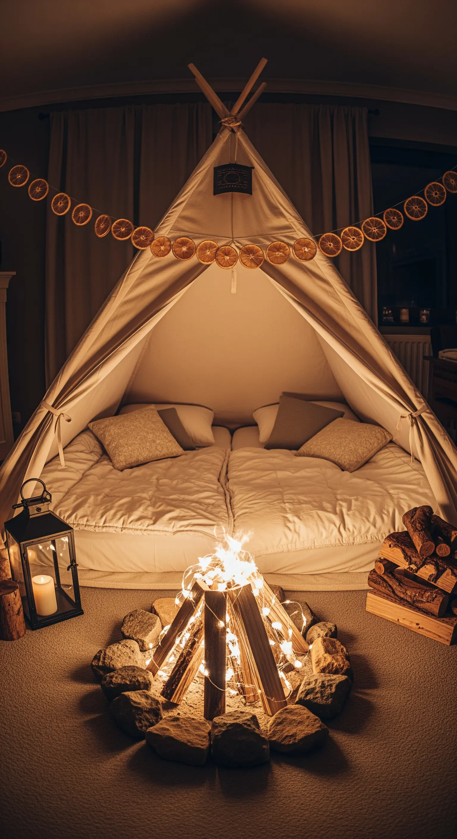 Indoor-Tipi mit Lichterketten und Kissenlager