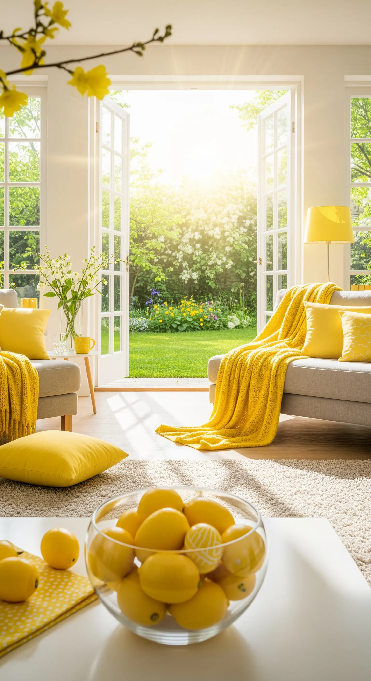 Offene Gartentür mit gelben Kissen und Zitronenschale