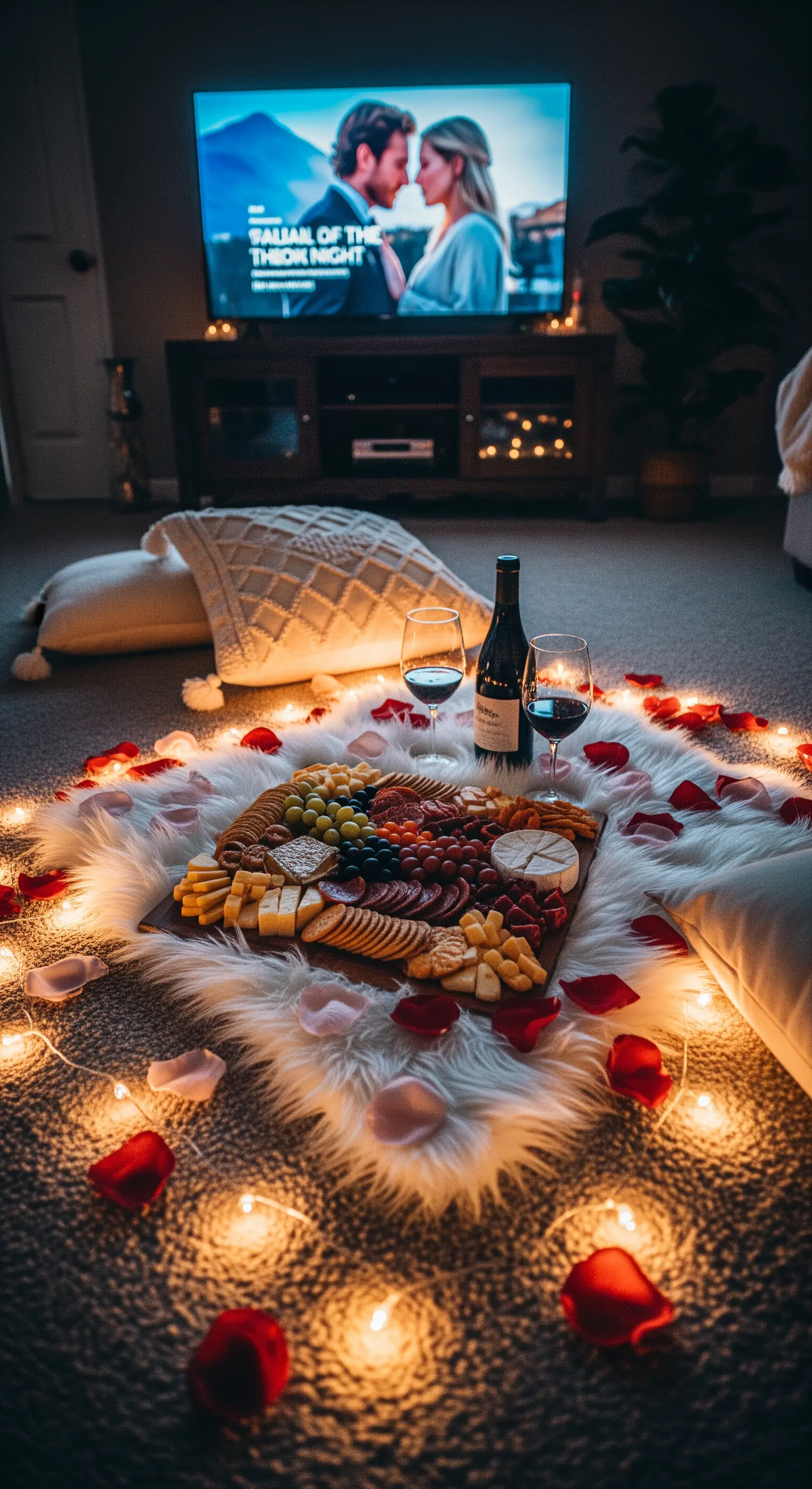 Gemütliches Picknick auf Wohnzimmerteppich mit Snacks und Wein