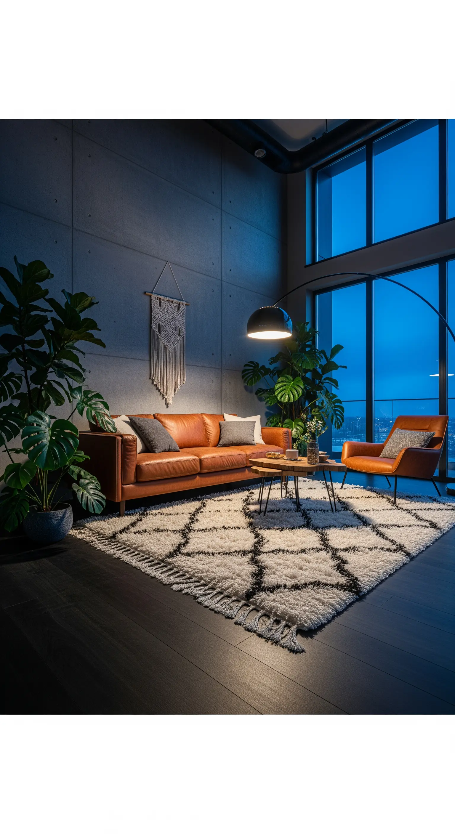 Modernes Loft mit Betonwänden, Leder und Stadtblick bei Nacht