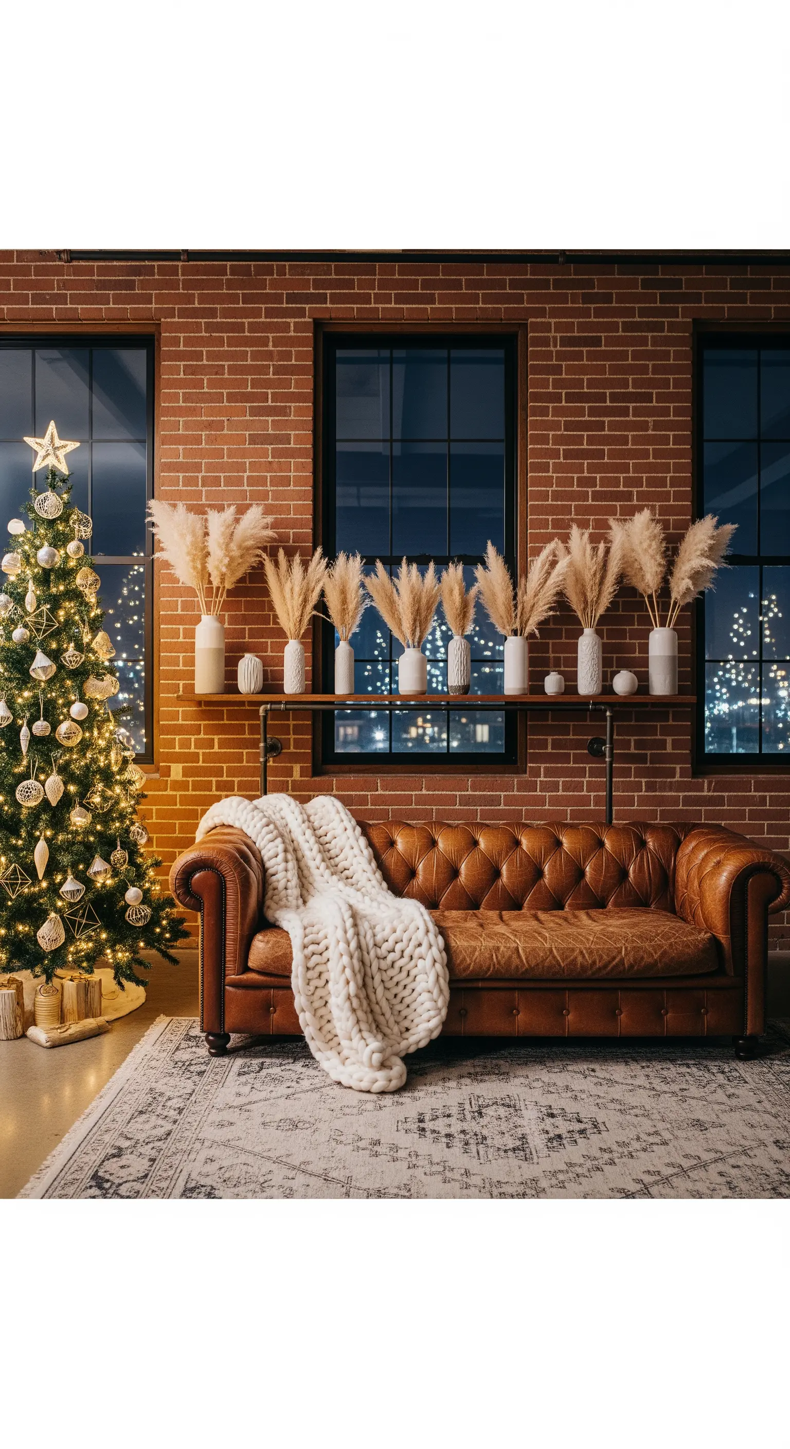 Loft mit Backsteinwand, Ledersofa und Reihe von Pampas-Vasen