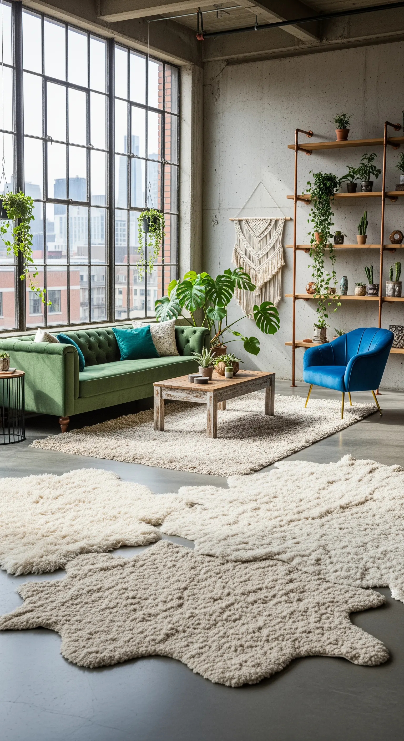 Loft mit großen Fenstern, grünem Samtsofa und Fellteppichen