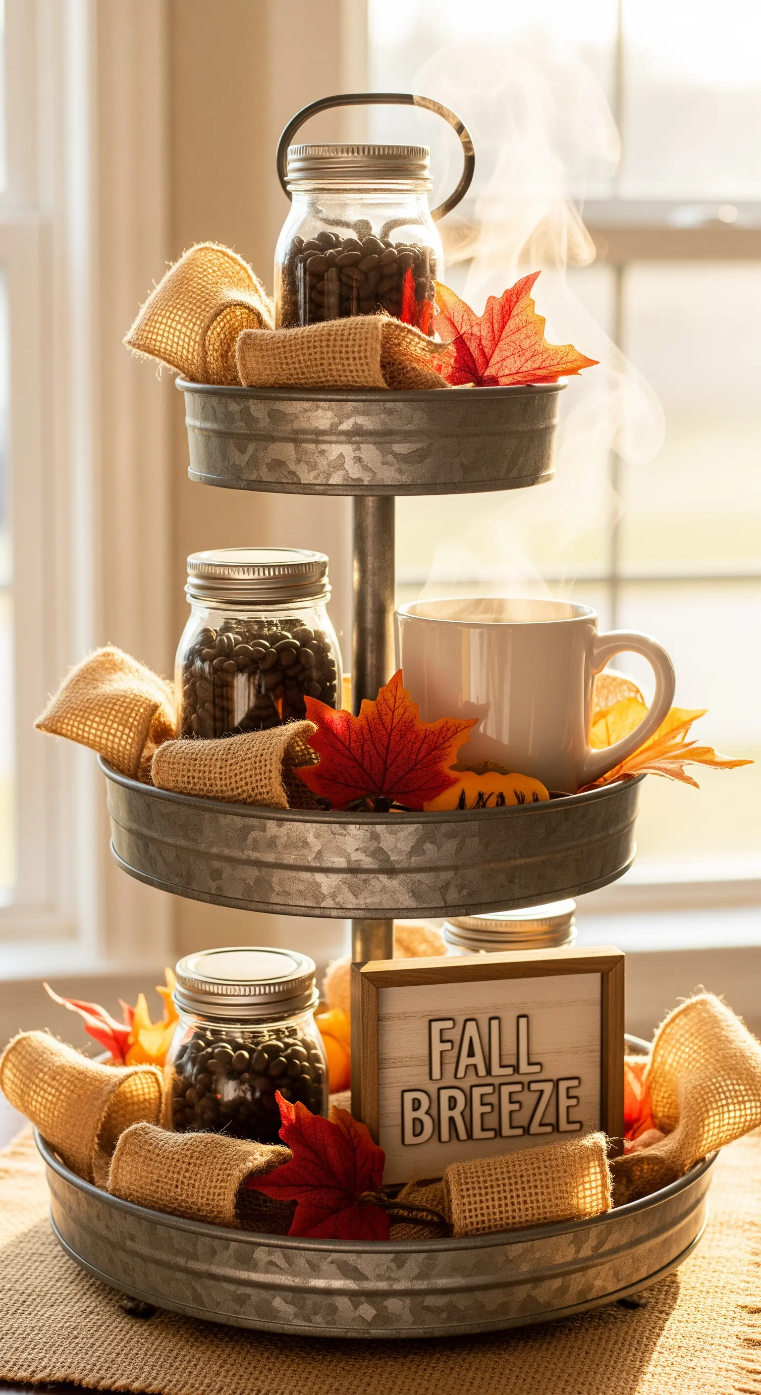 Zink-Etagere mit Kaffeebohnen im Glas, Juteband und Herbstblättern