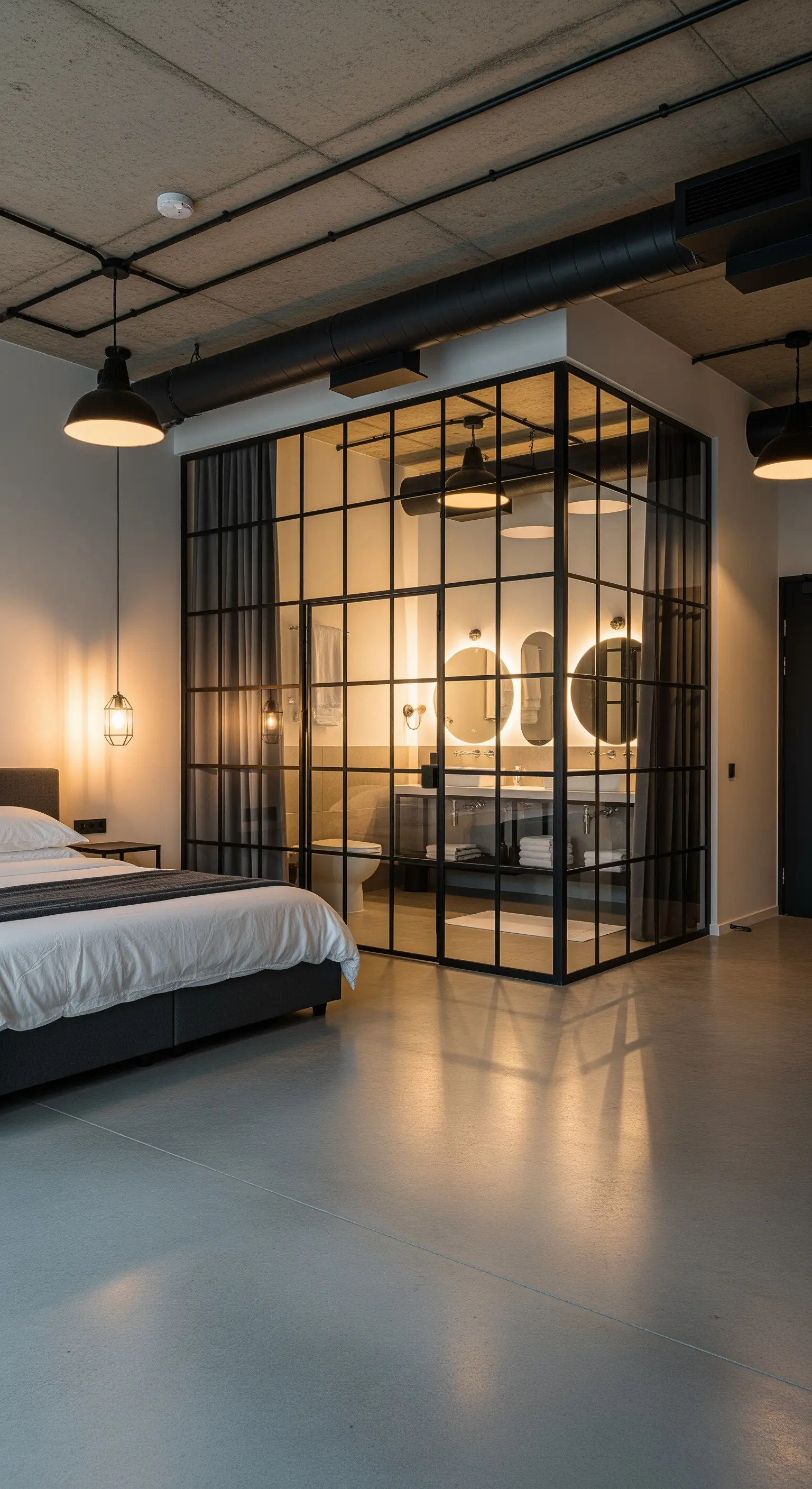 Schlafzimmer im Industrial Style mit schwarzer Glas-Sprossenwand zum Bad