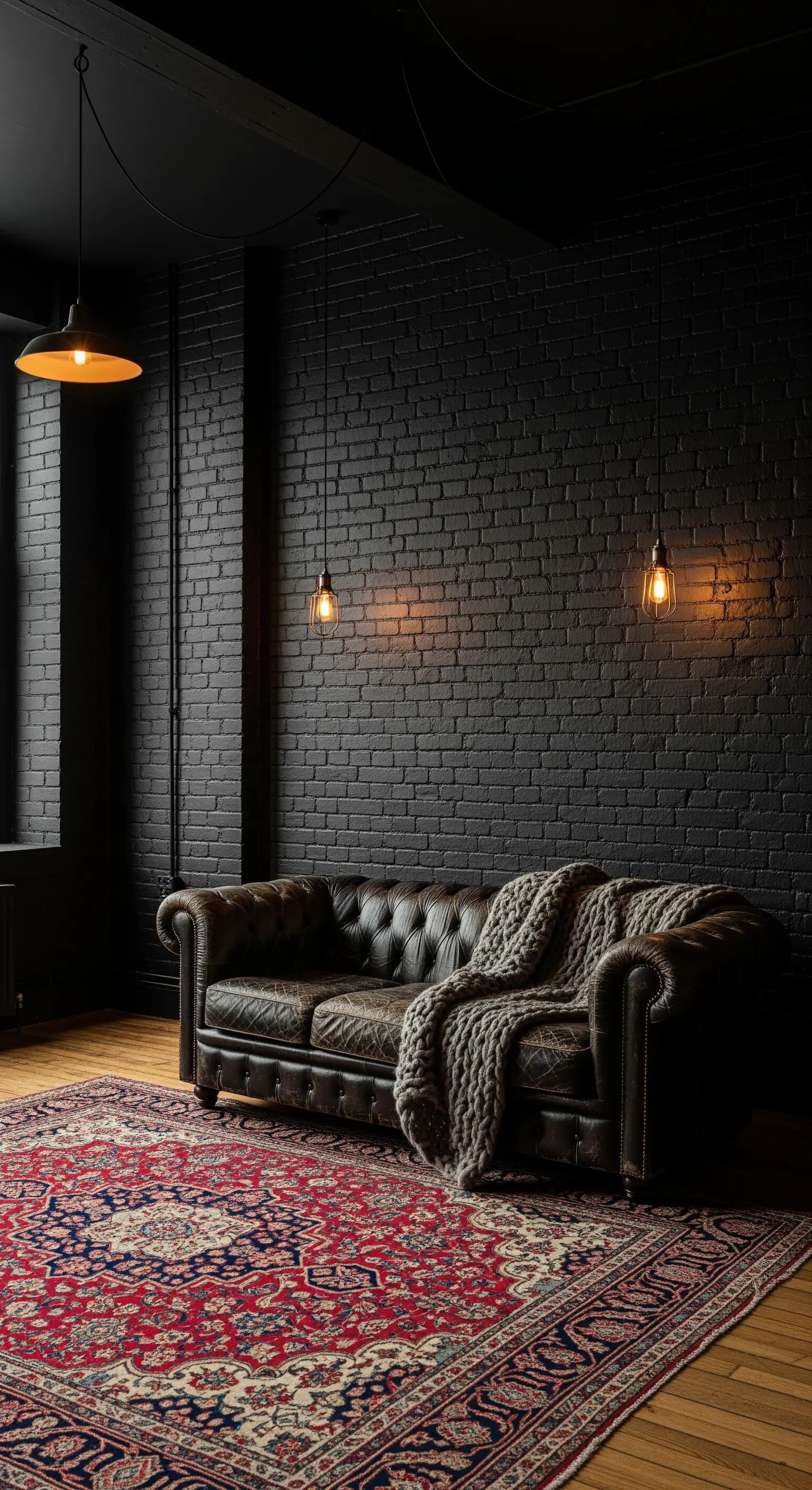 Schwarze Backsteinwand mit tief hängenden Glühbirnen