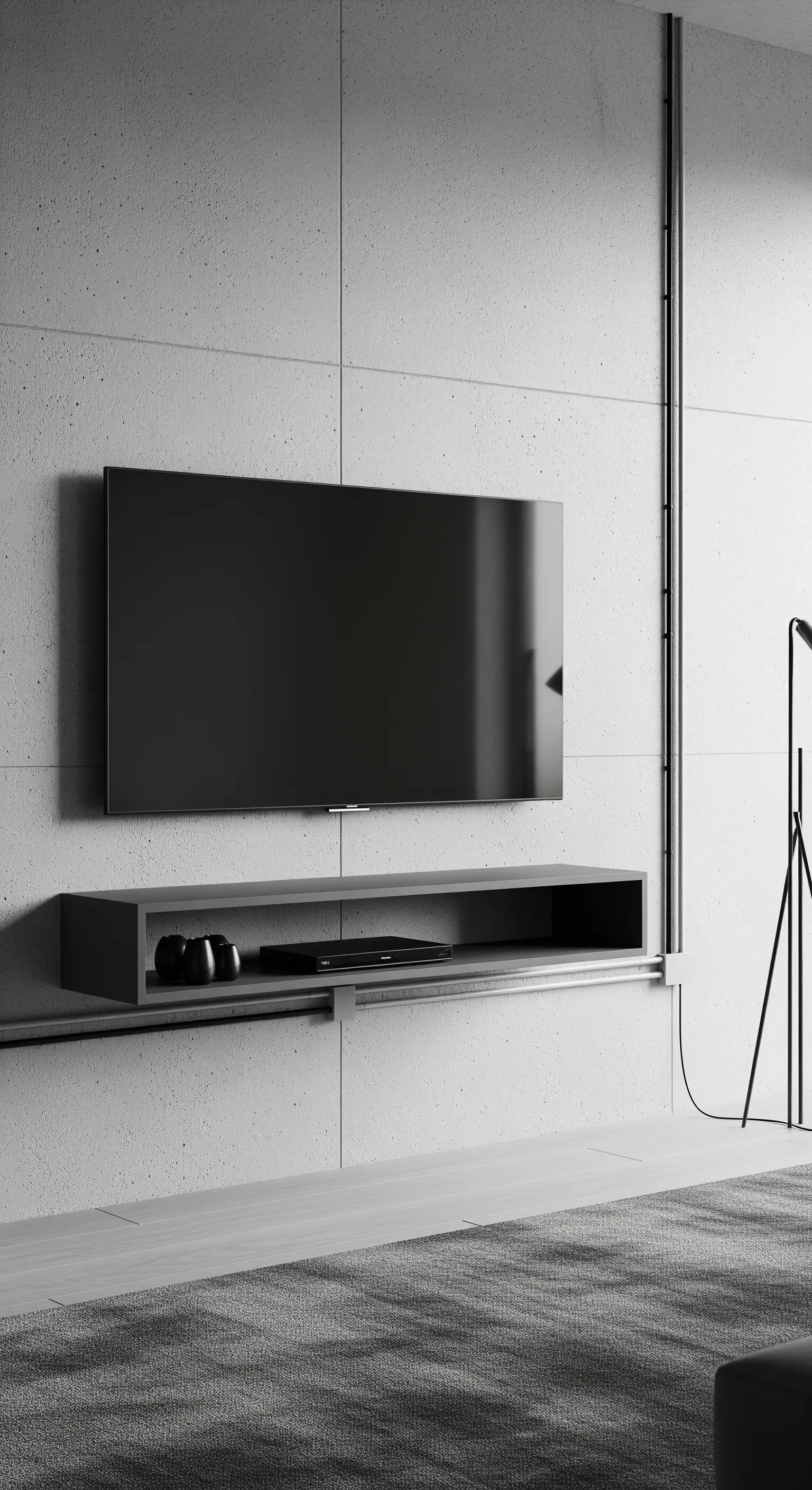 TV an Betonwand mit minimalistischem Regal