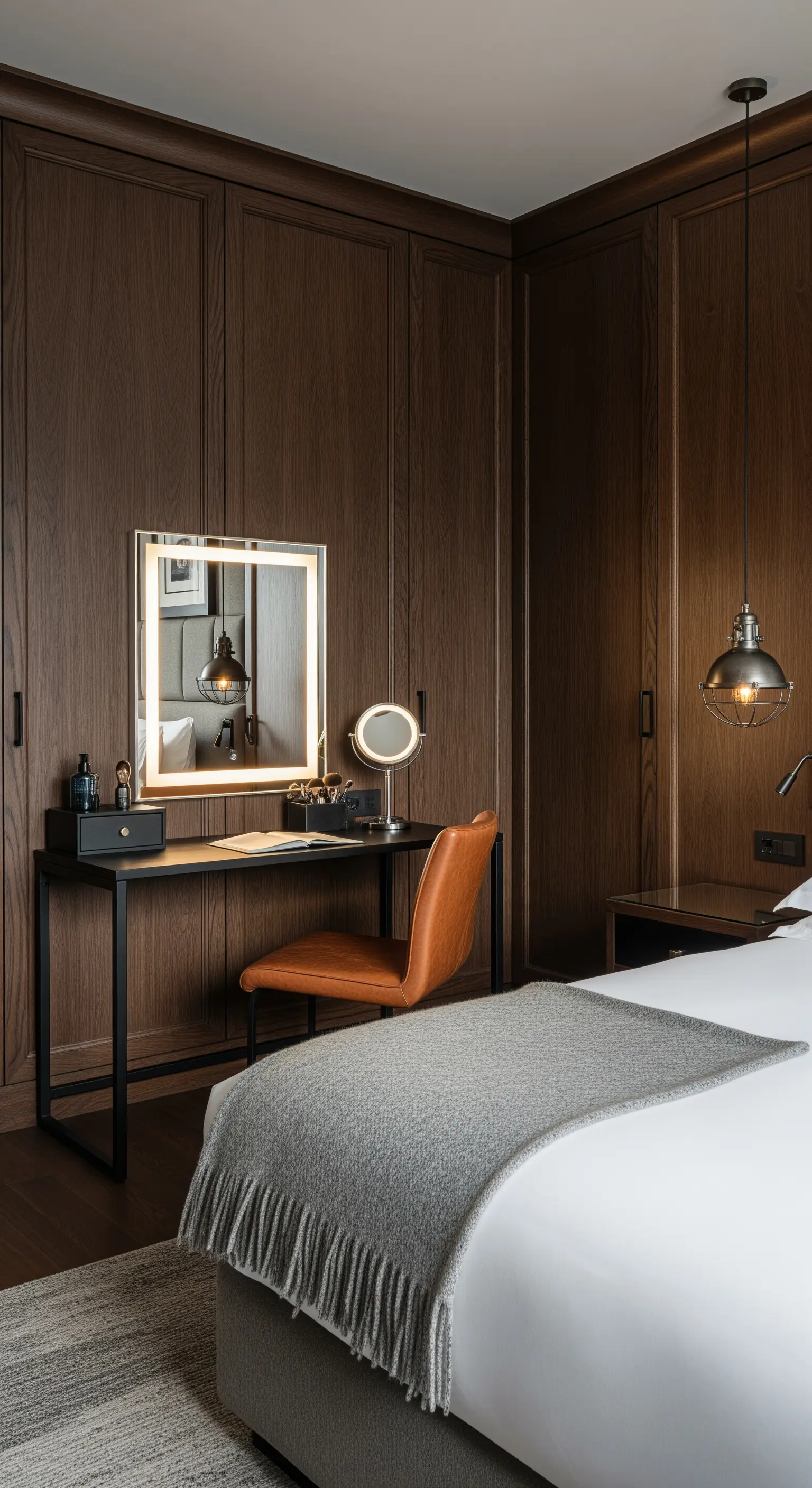 Dunkler Holzschminktisch mit schwarzem Metallrahmen