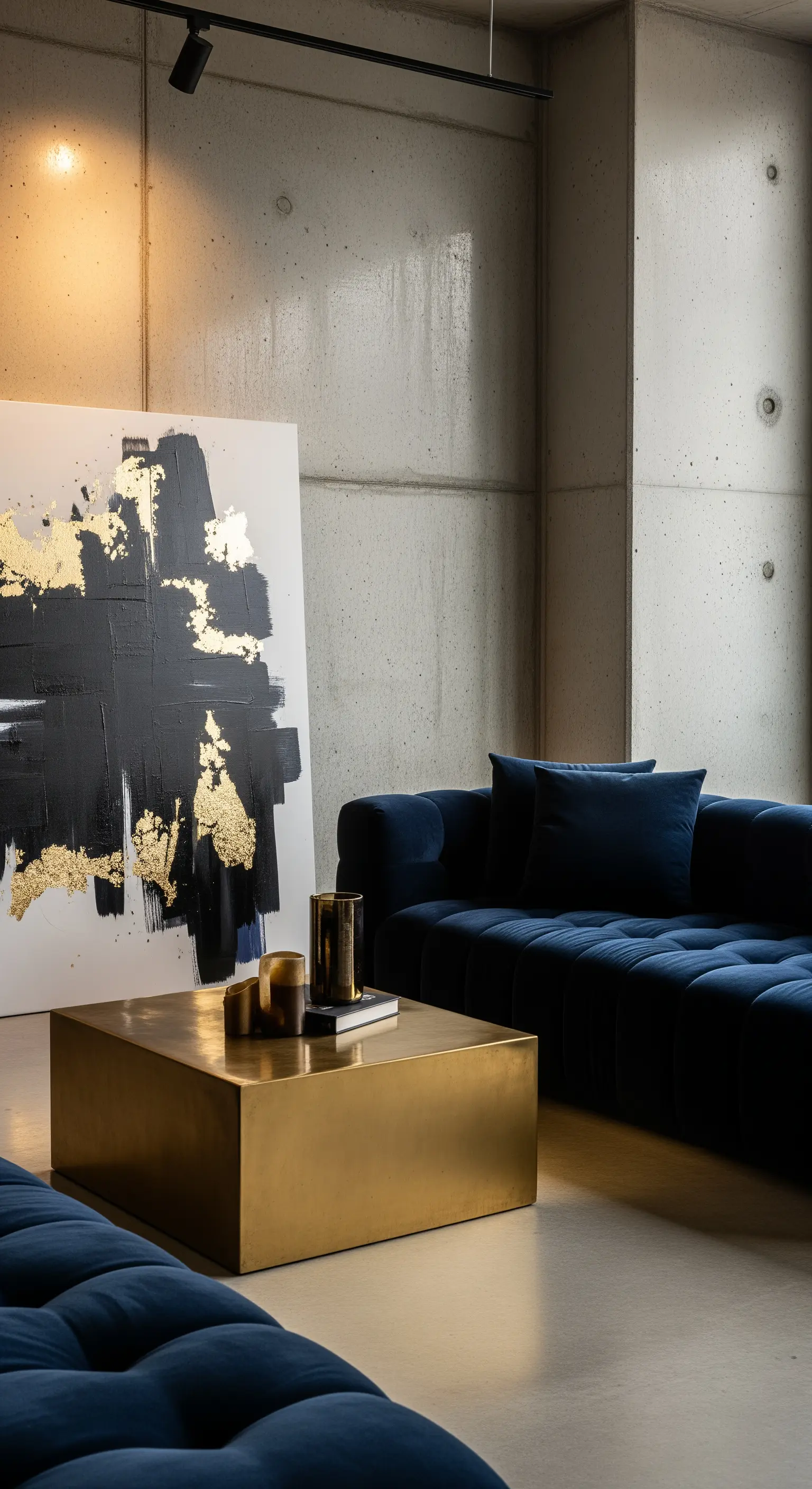 Betonwand-Wohnzimmer mit blauem Samtsofa und Goldtisch