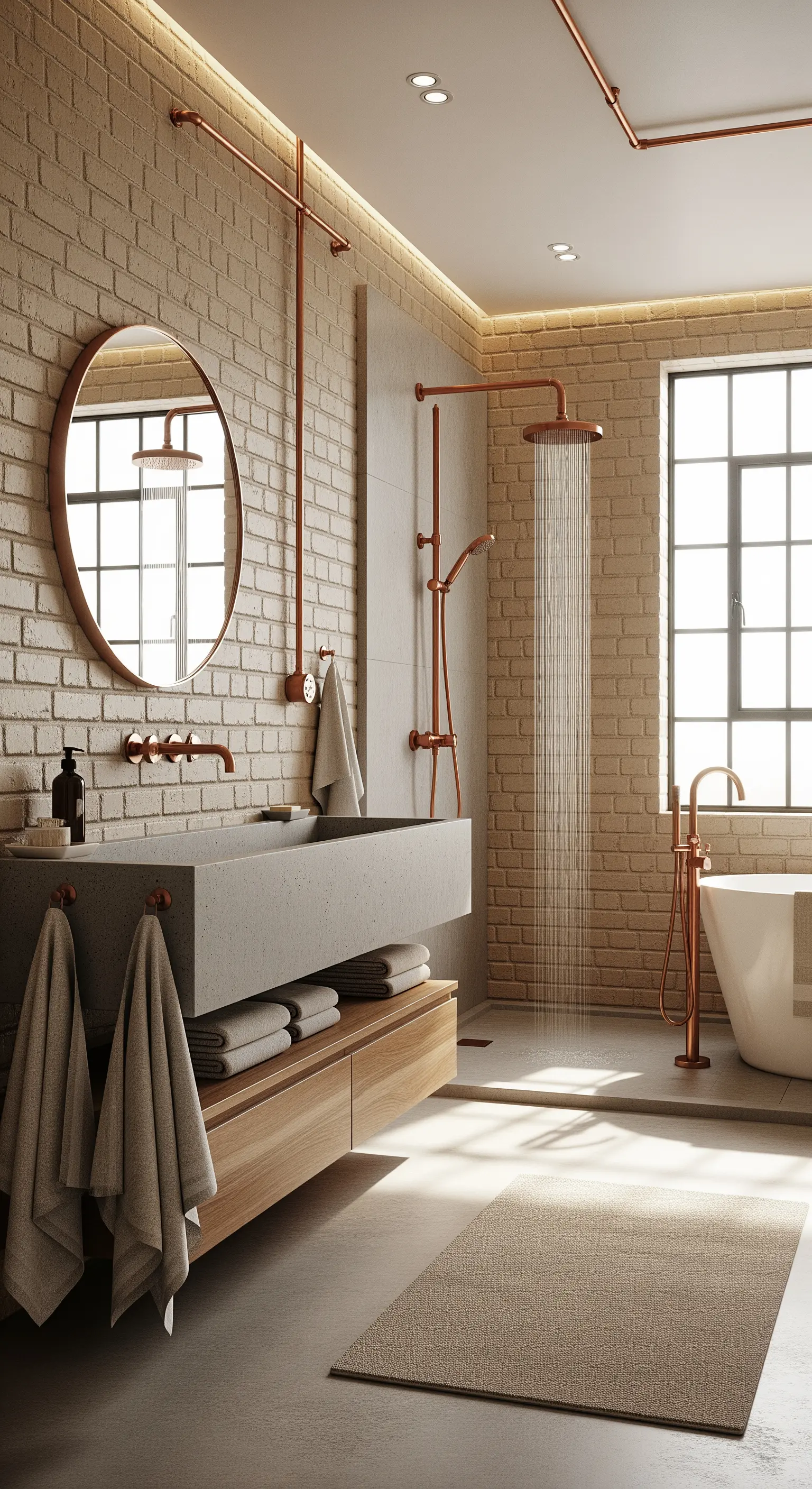 Industrielles Bad mit Backsteinwand und Aufputz-Kupferrohren