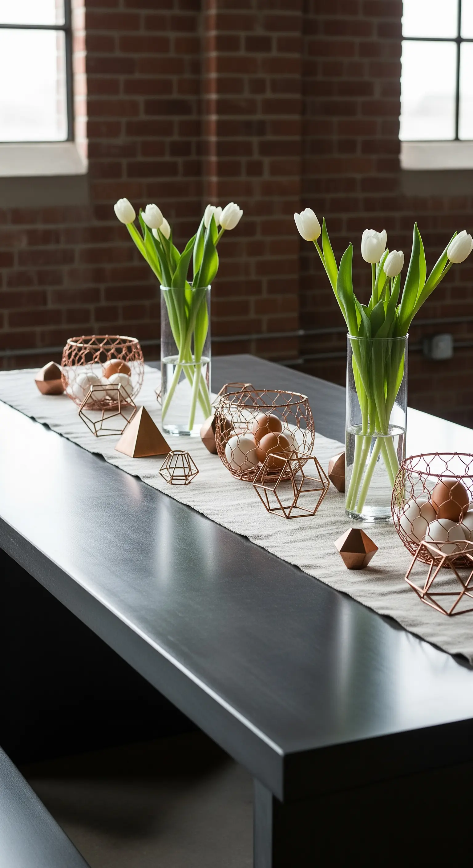 Moderner Tisch vor Ziegelwand mit Kupferdraht-Körben, geometrischen Formen und weißen Tulpen