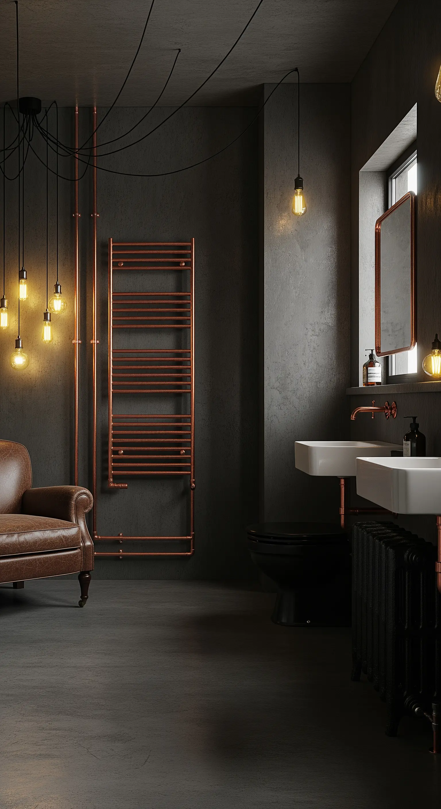 Kupferrohre als Handtuchhalter an dunkler Wand