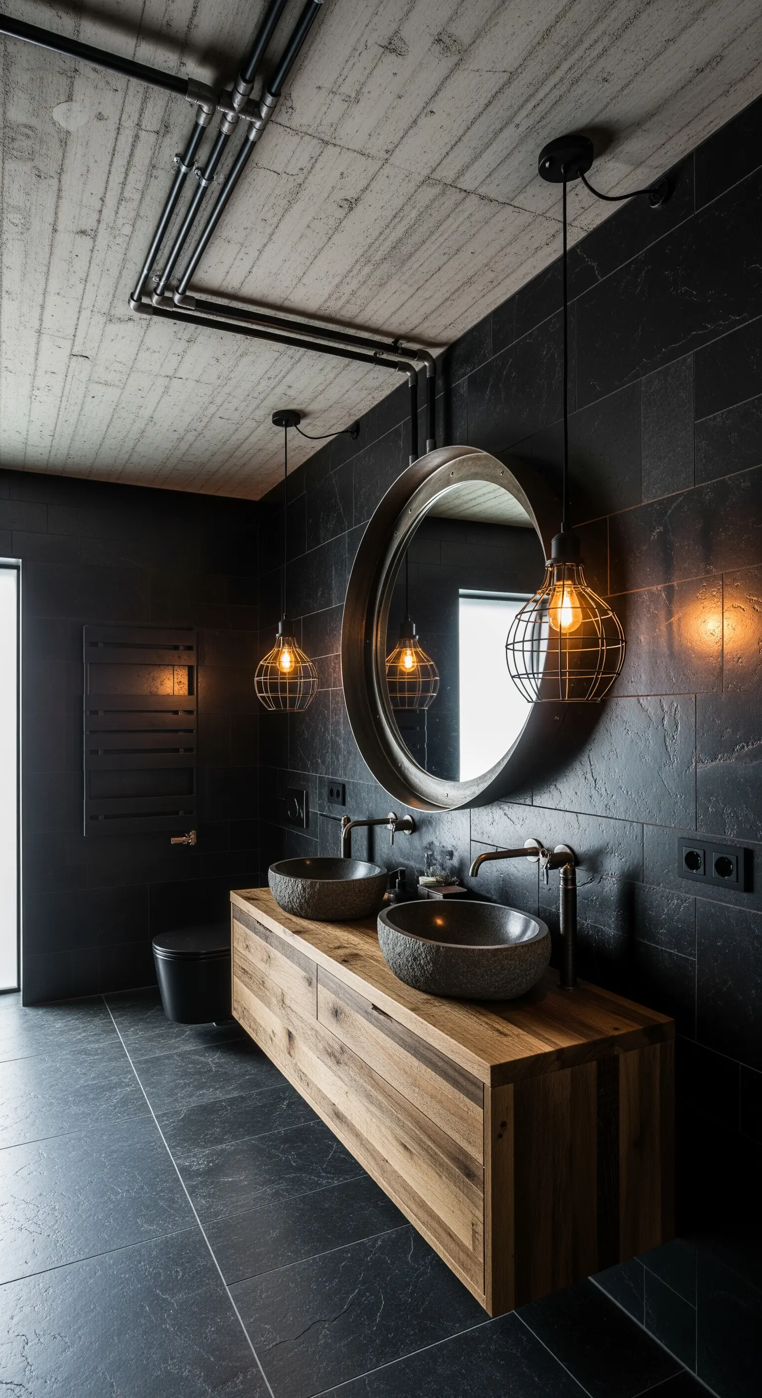 Badezimmer mit Betondecke, Holzwaschtisch und Industrielampen