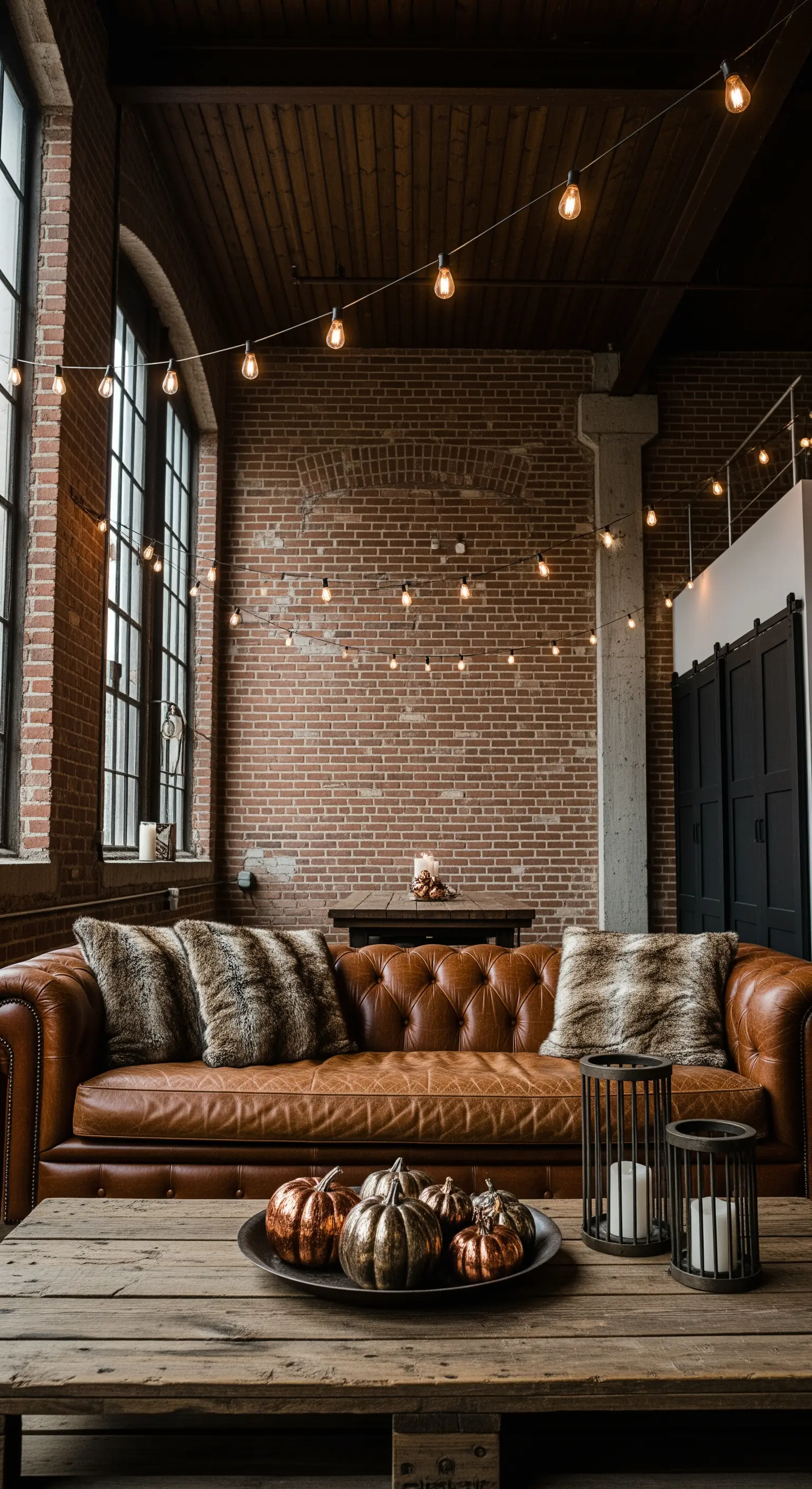 Loft-Wohnzimmer mit Ziegelwand, gespannten Lichterketten und Metallic-Kürbissen