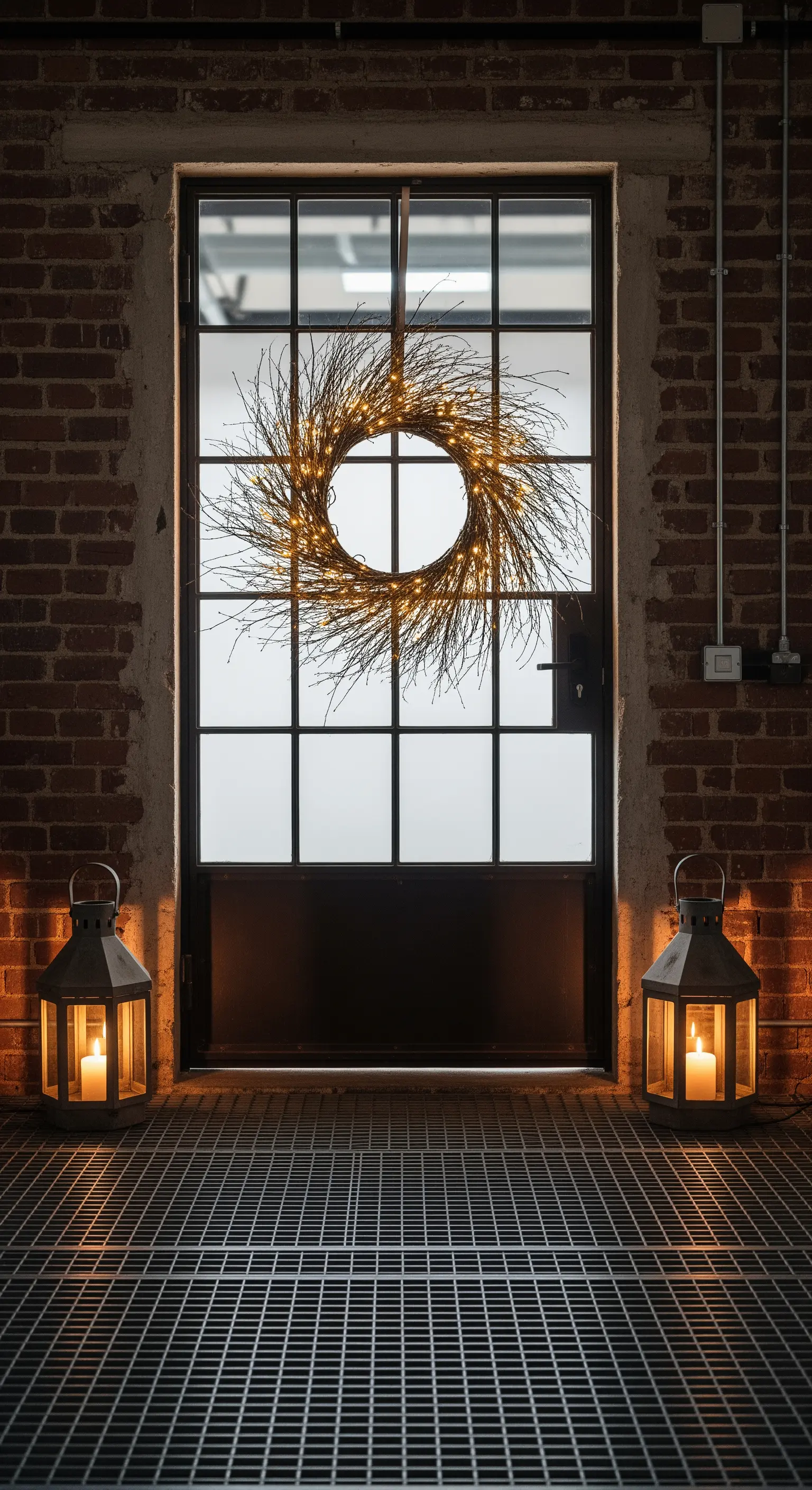 Glastür mit Metallrahmen und beleuchtetem Zweigkranz