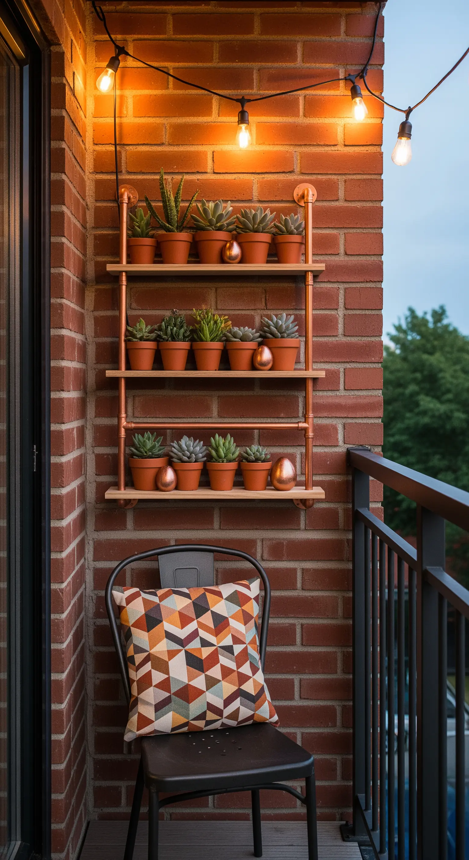 Kupferregal an Backsteinwand mit Sukkulenten und Kupfereiern