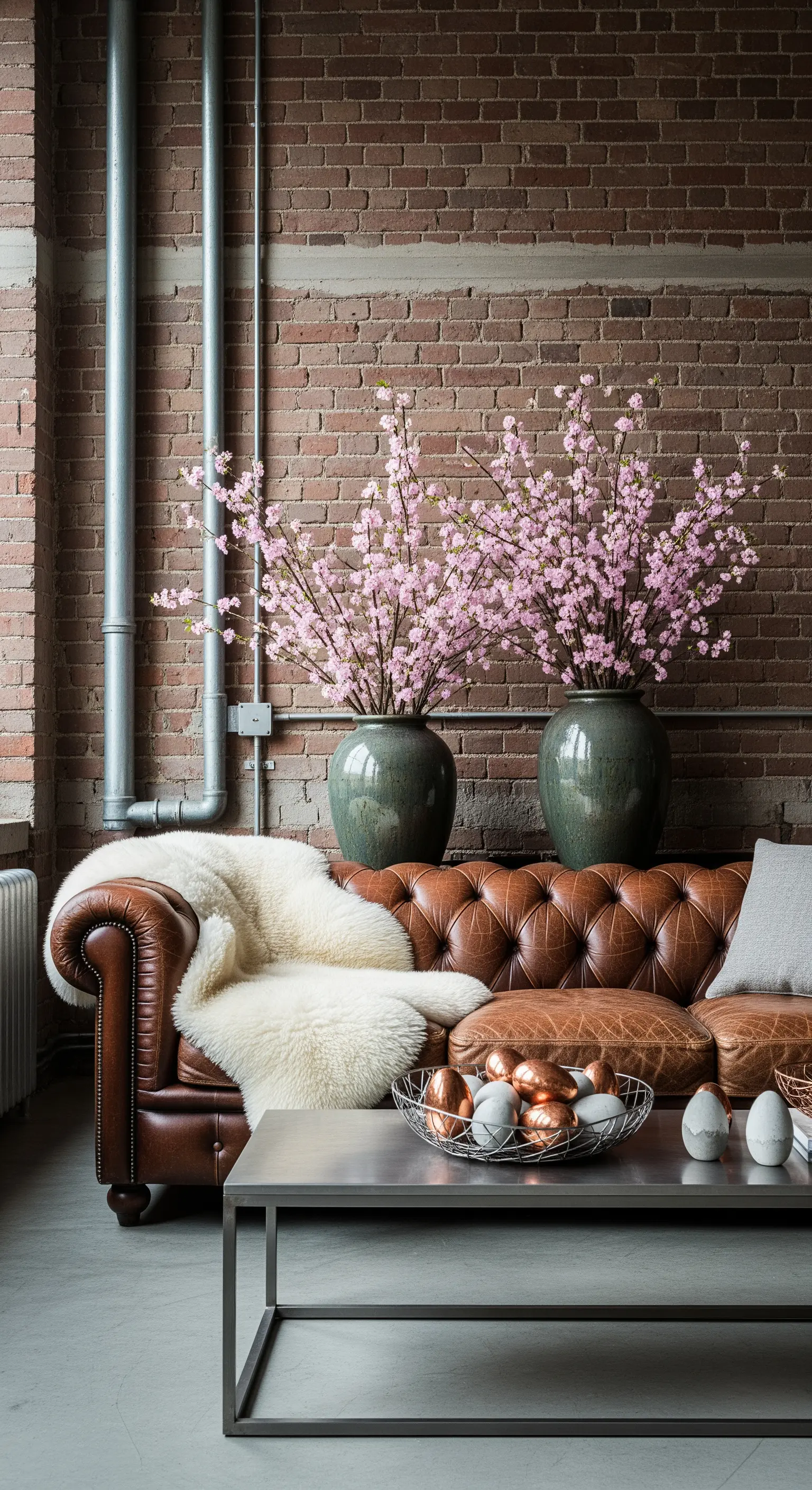Ledersofa vor Backsteinwand mit großen Kirschblütenzweigen
