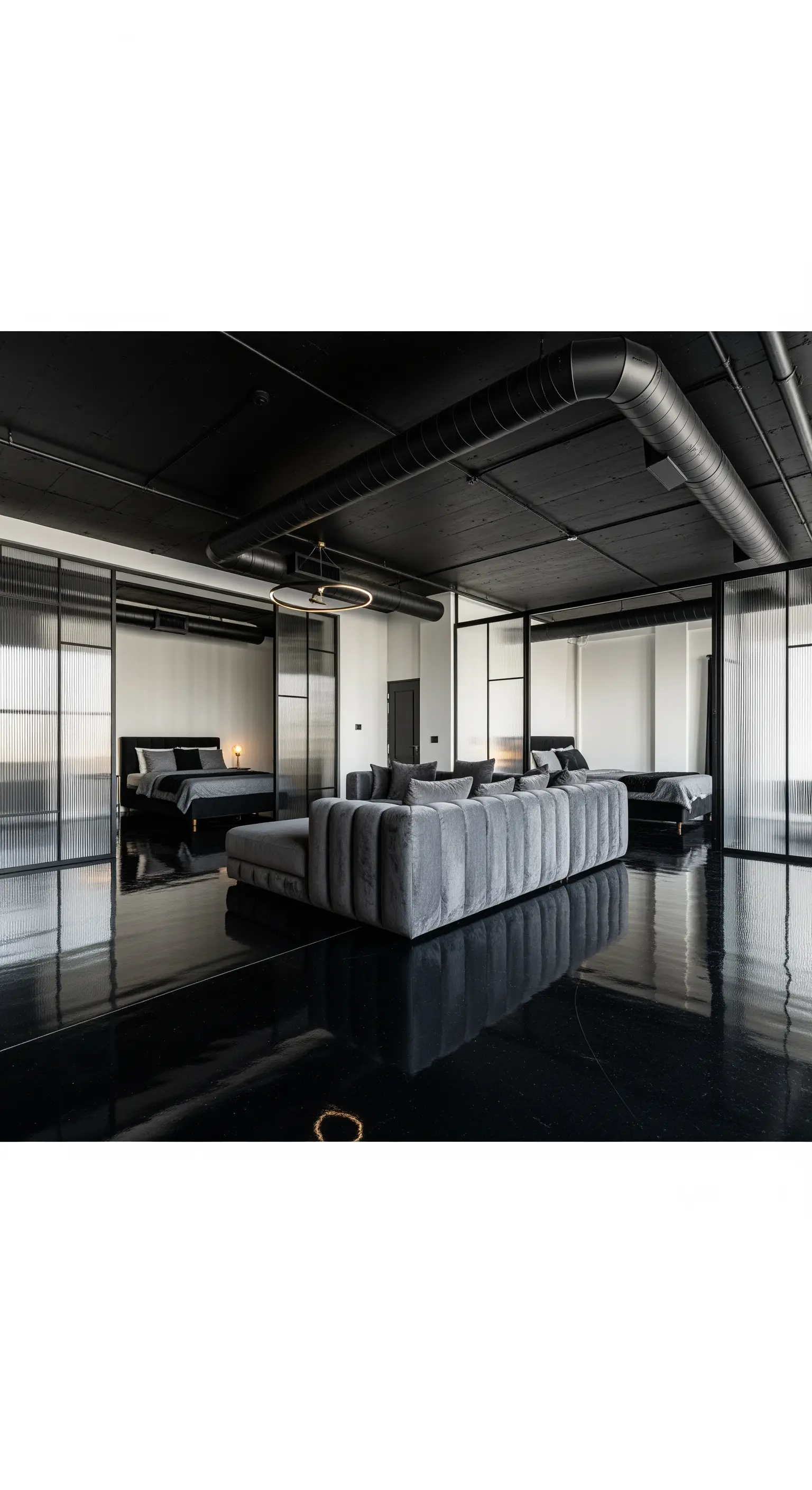 Loft-Schlafzimmer mit schwarzer Decke und Boden