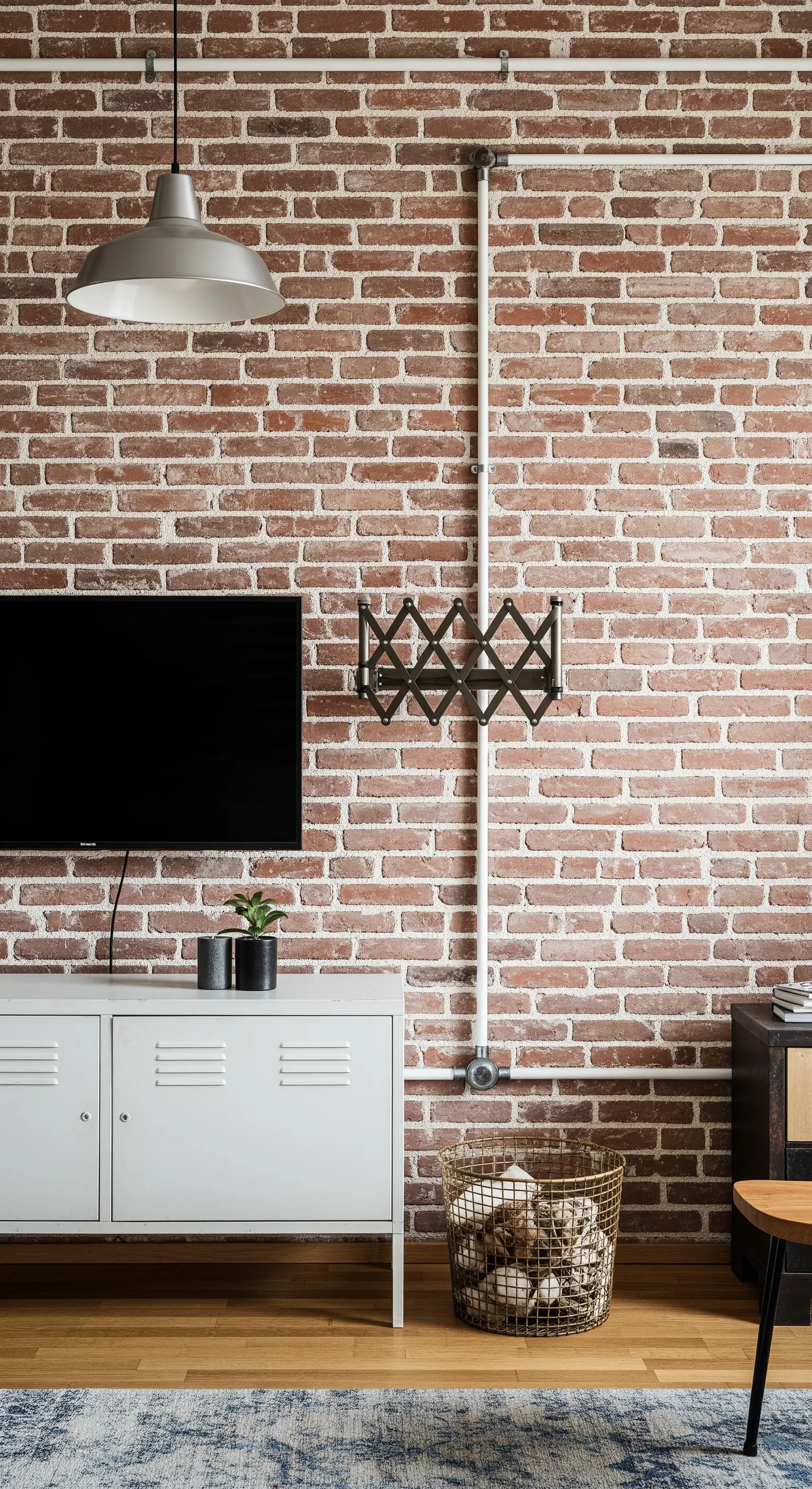 Ziegelwand mit sichtbaren Rohren als Kabelführung