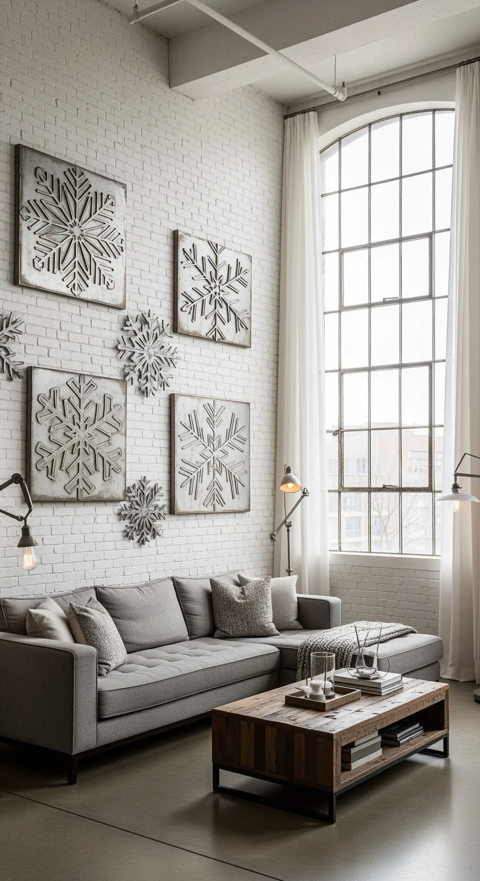 Backsteinwand mit großen quadratischen Schneeflockenbildern