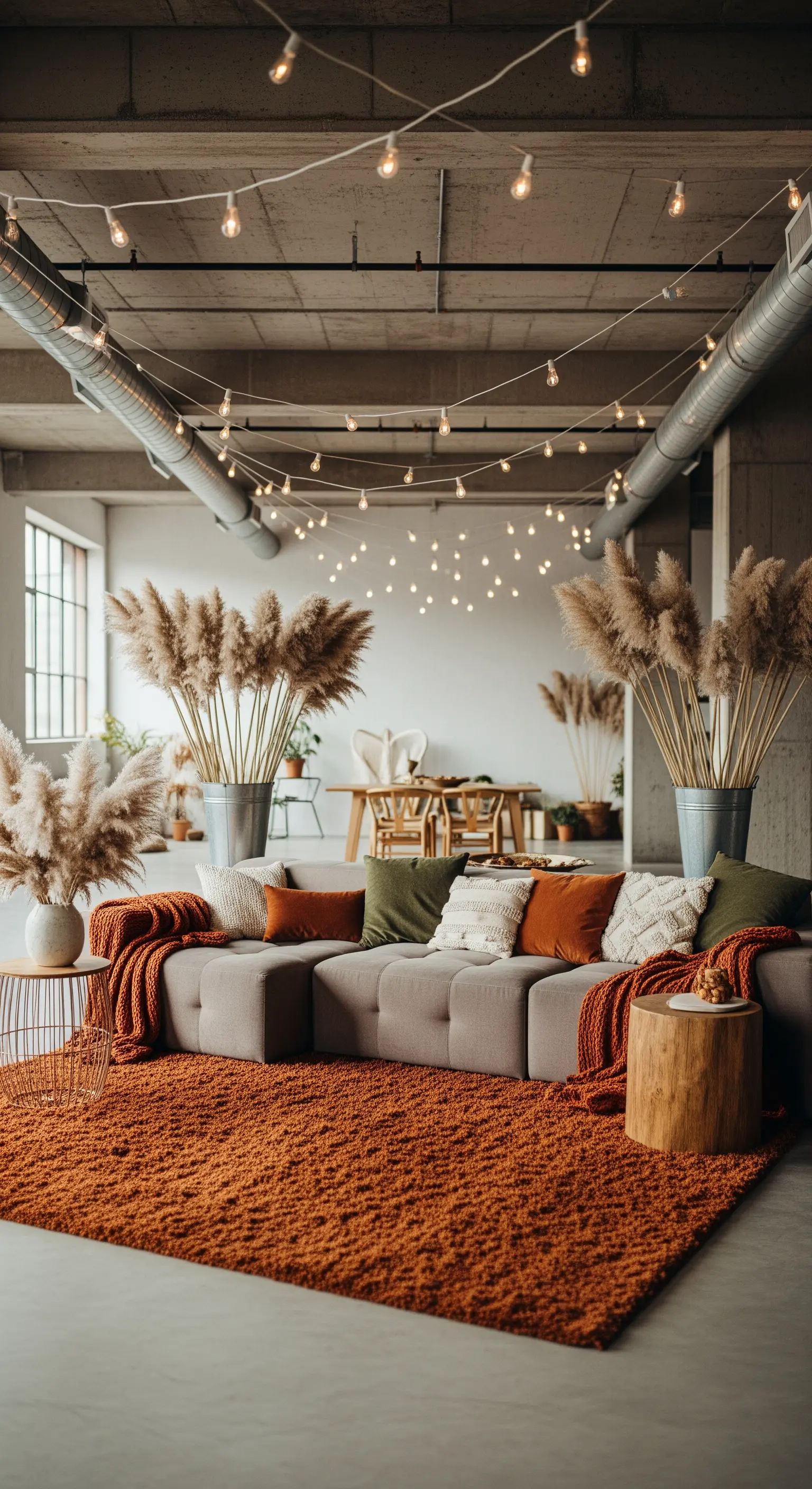 Industrie-Loft mit Lichterketten und Pampas
