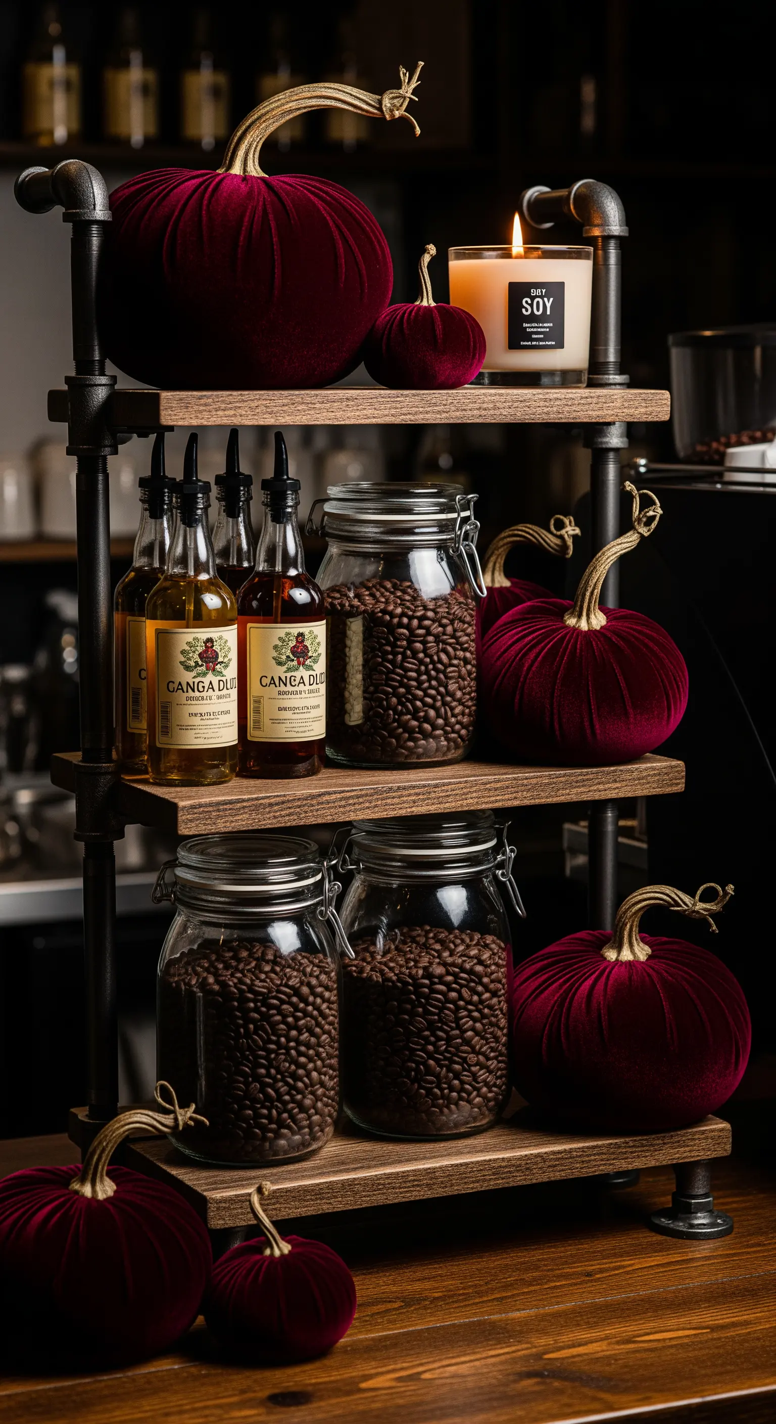 Industrie-Rohr-Regal mit burgunderroten Samtkürbissen und Kaffeebohnengläsern