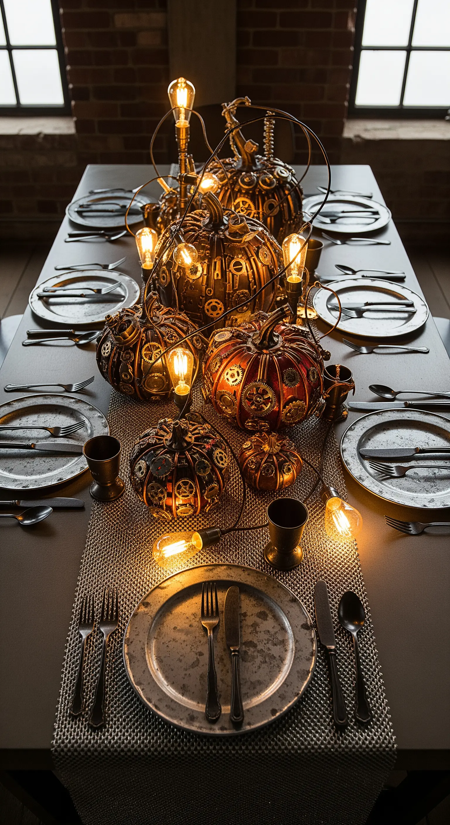 Kürbisse mit Zahnrädern und Steampunk-Elementen auf grauem Läufer