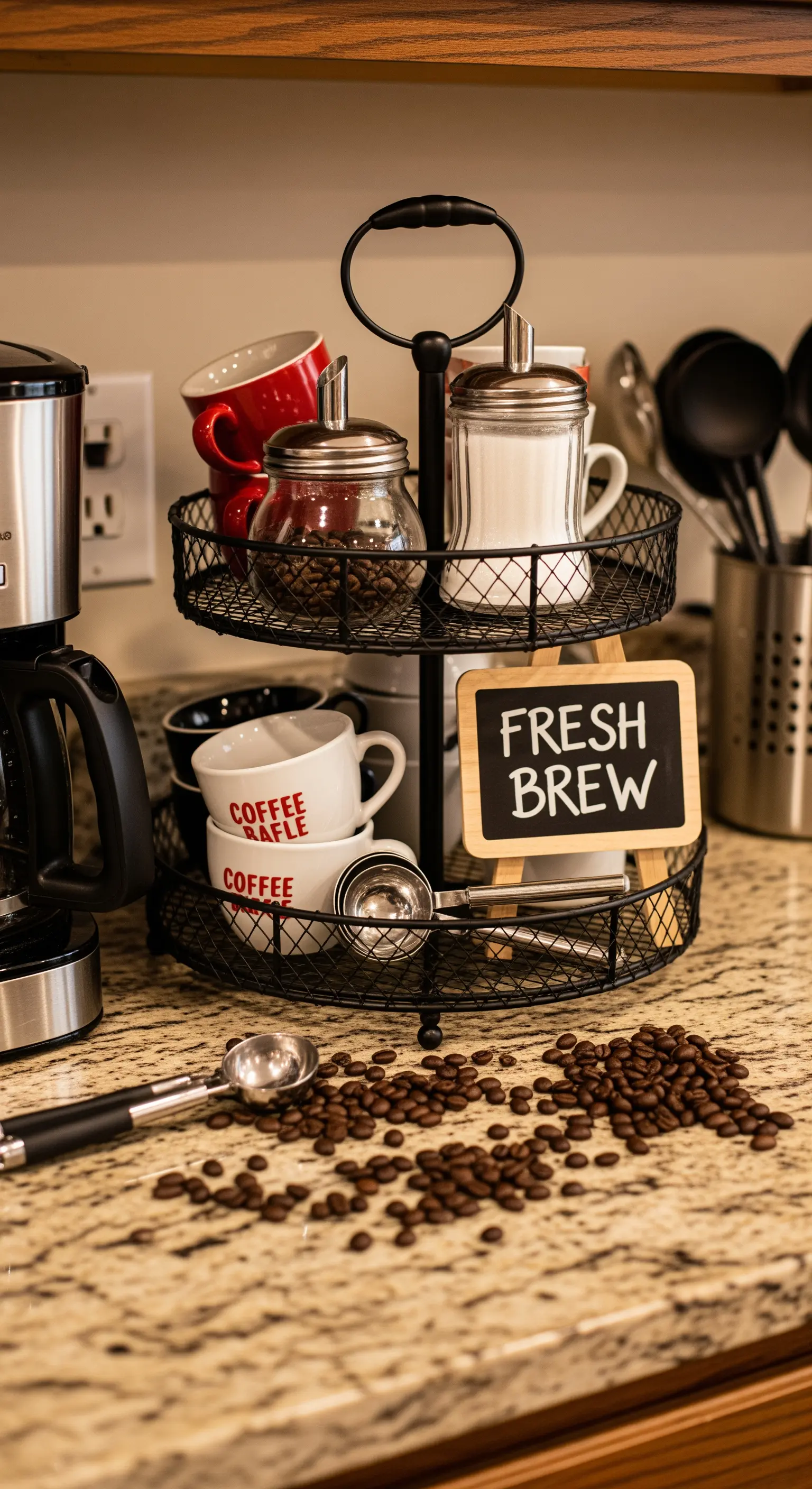 Schwarze Draht-Etagere als Kaffeestation mit Tassen und Bohnenglas