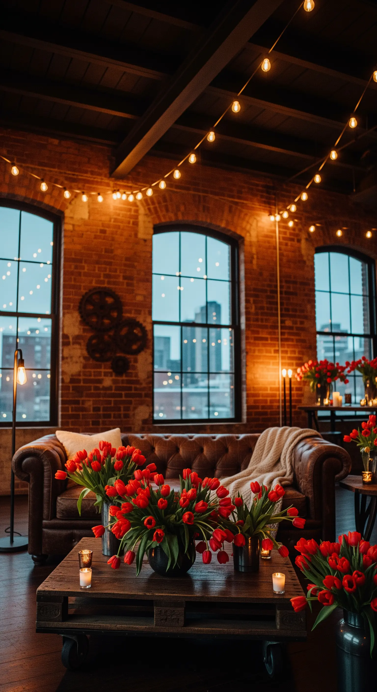 Loft mit Backsteinwand, Lichterketten und roten Tulpen