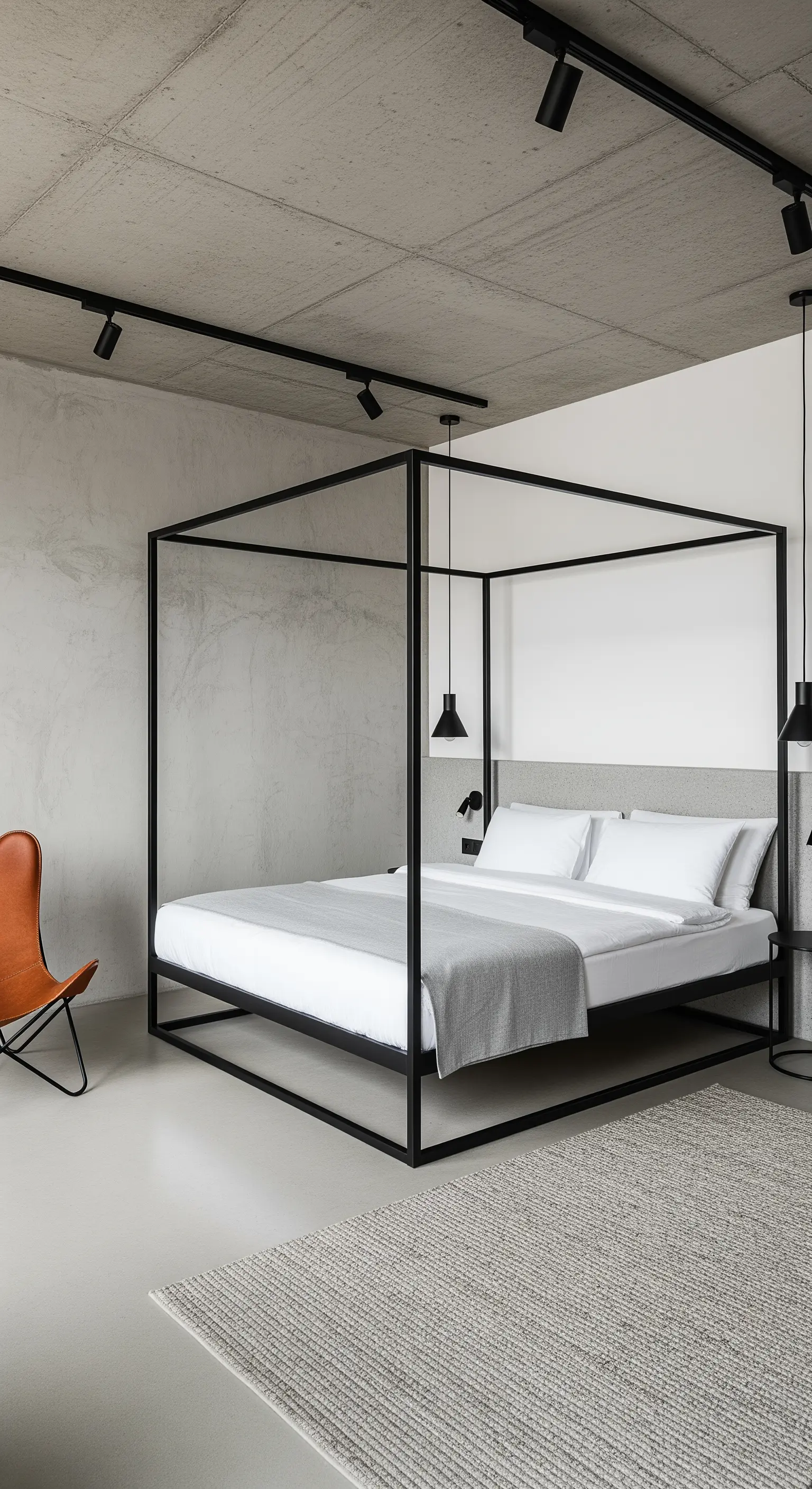 Industrielles Schlafzimmer mit schwarzem Metallbett