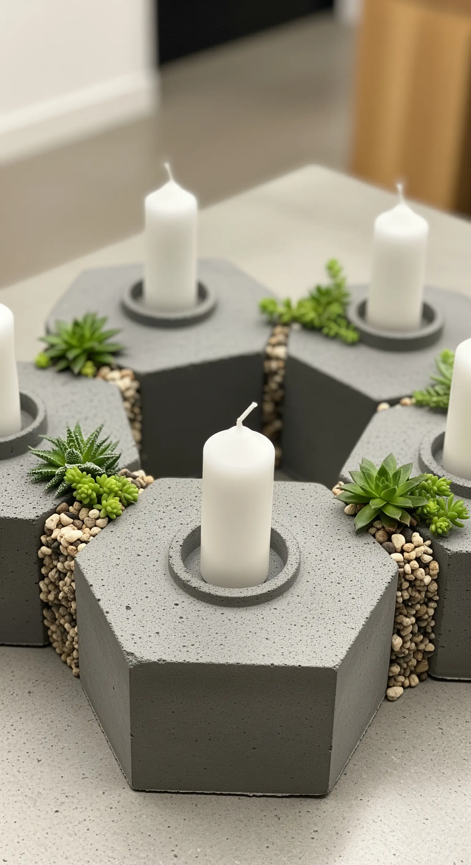 Rostiges Zahnrad als Kerzenhalter mit weißen Kerzen, Schrauben und Disteln