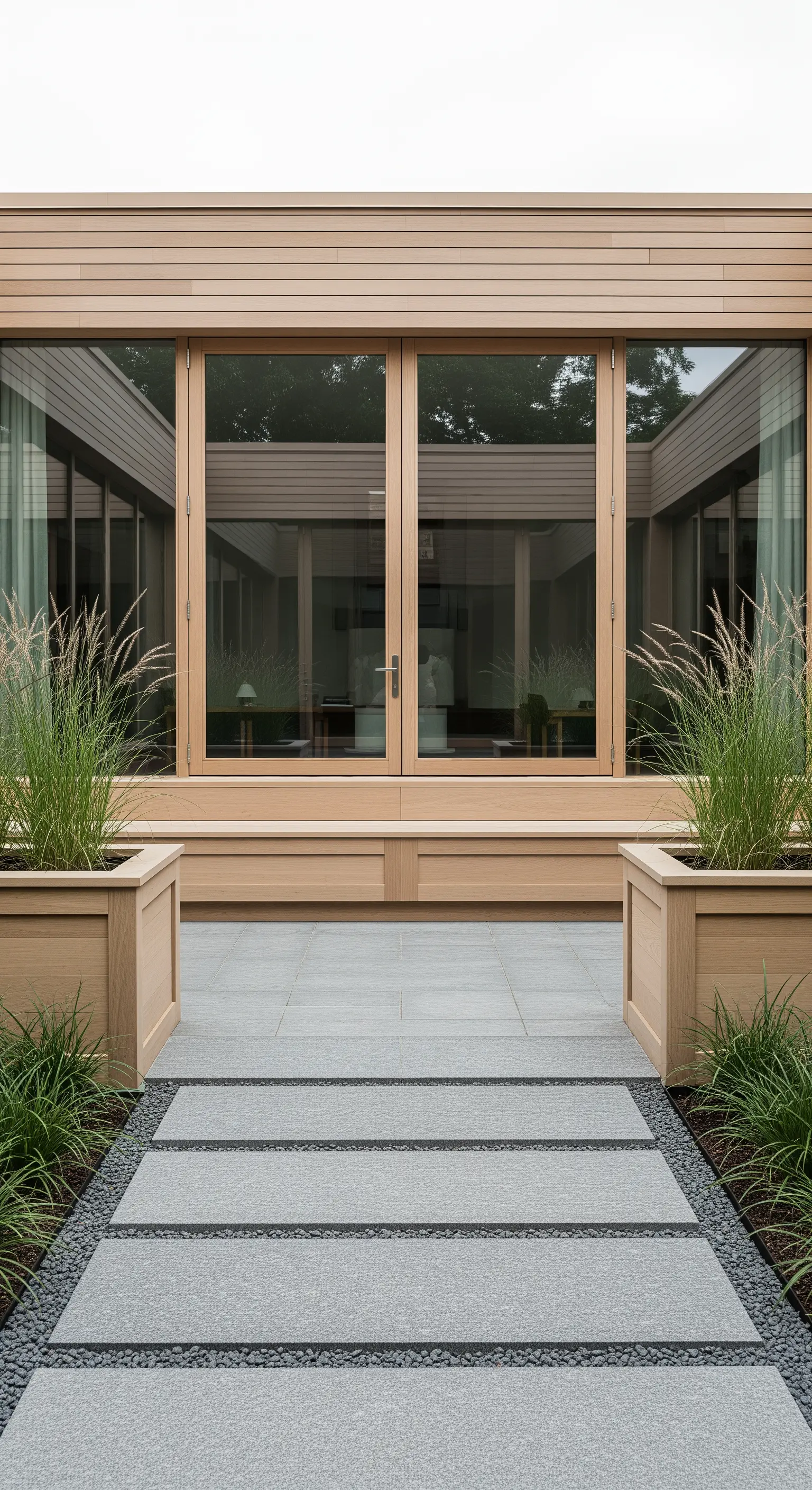 Blick durch große Fenster auf Japandi Innenhof