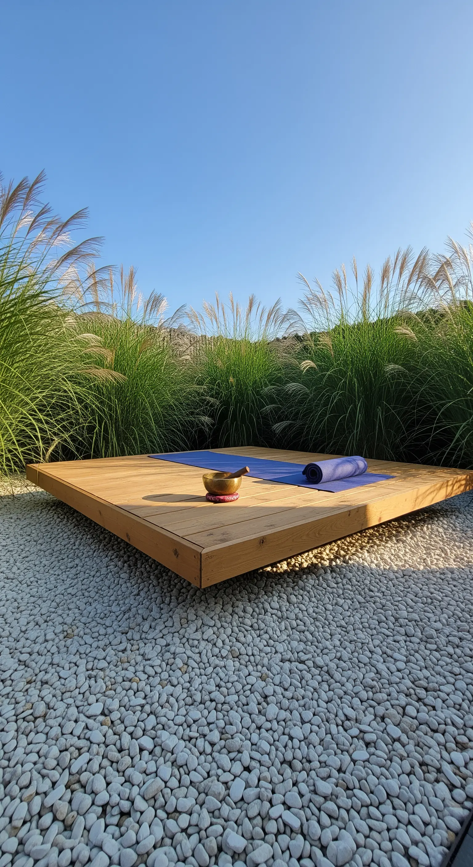 Holzplattform für Yoga inmitten von weißem Kies und Gräsern