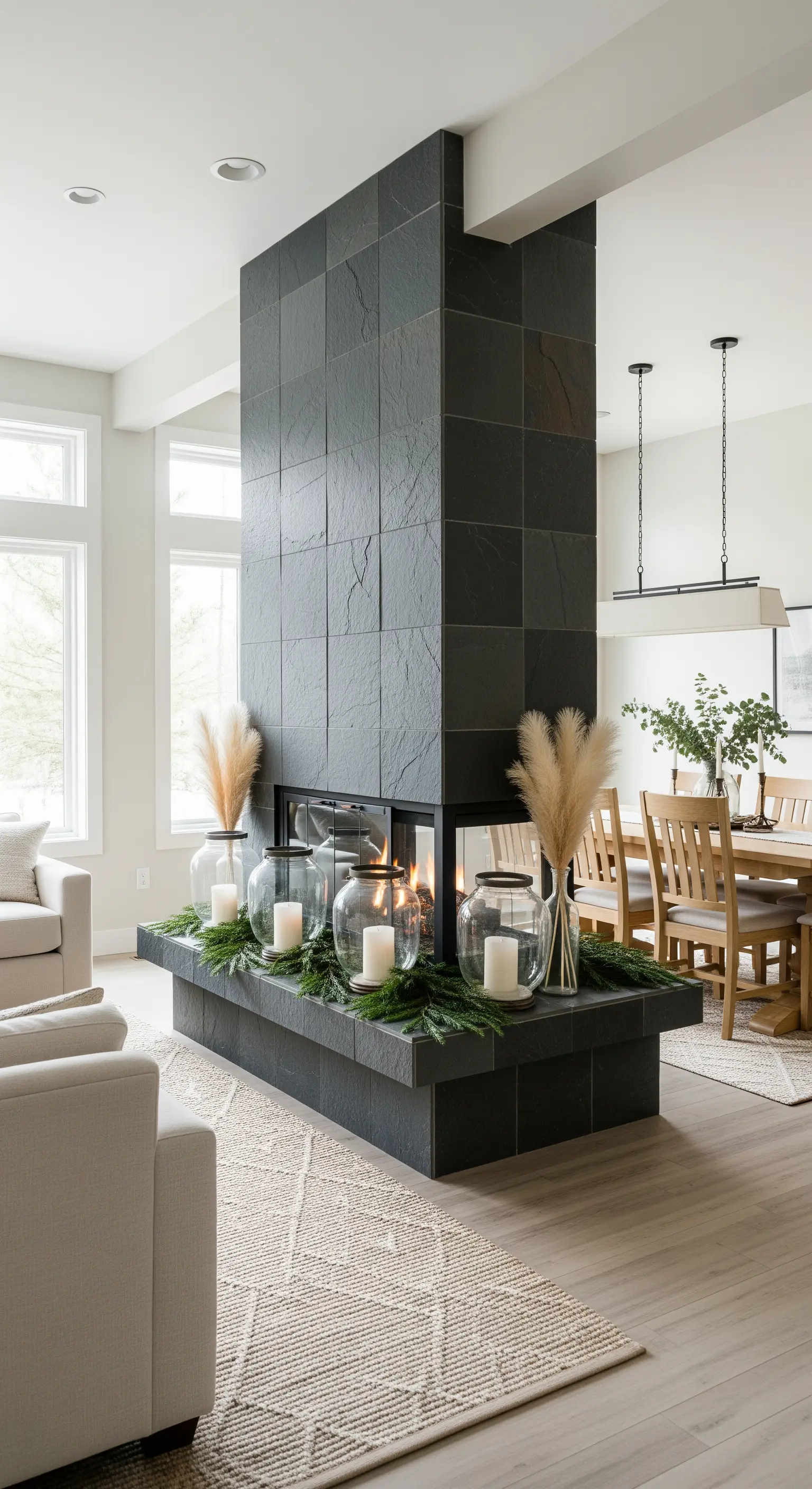 Raumteiler-Kamin mit Pampasgras und Laternen