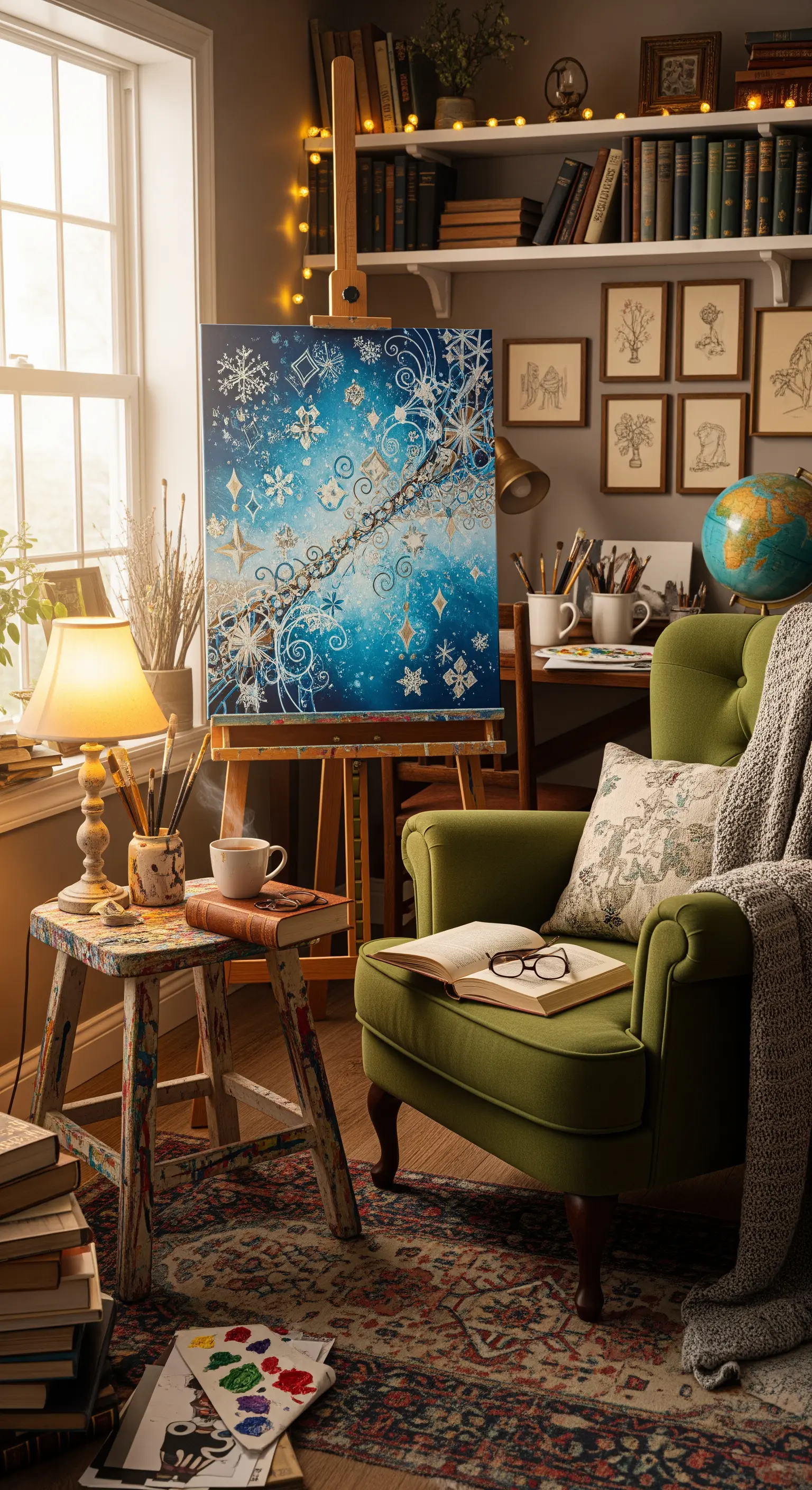Staffelei mit Wintergemälde neben grünem Lesesessel
