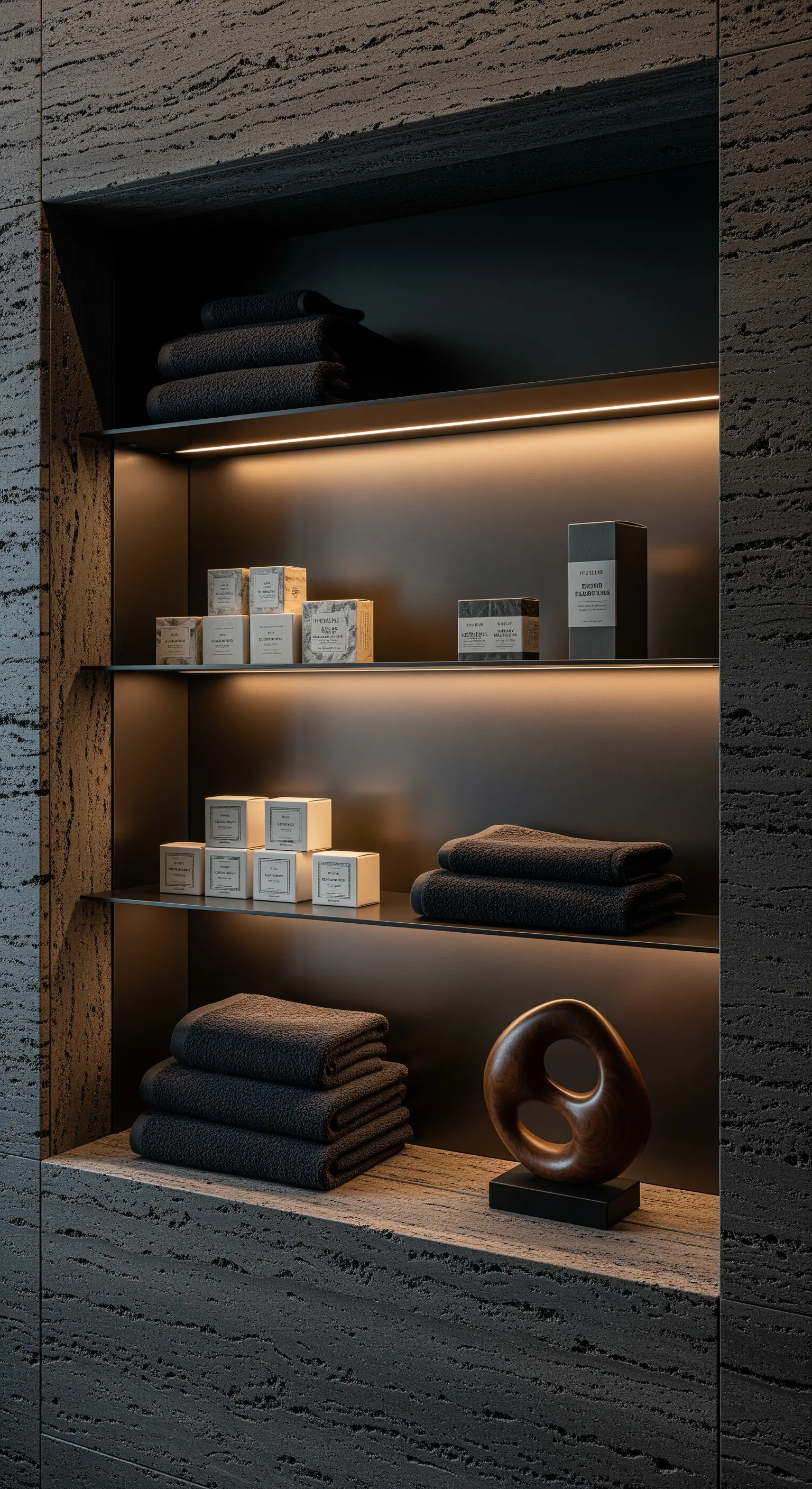 Beleuchtete Wandnische mit Handtüchern und Deko im schwarzen Bad