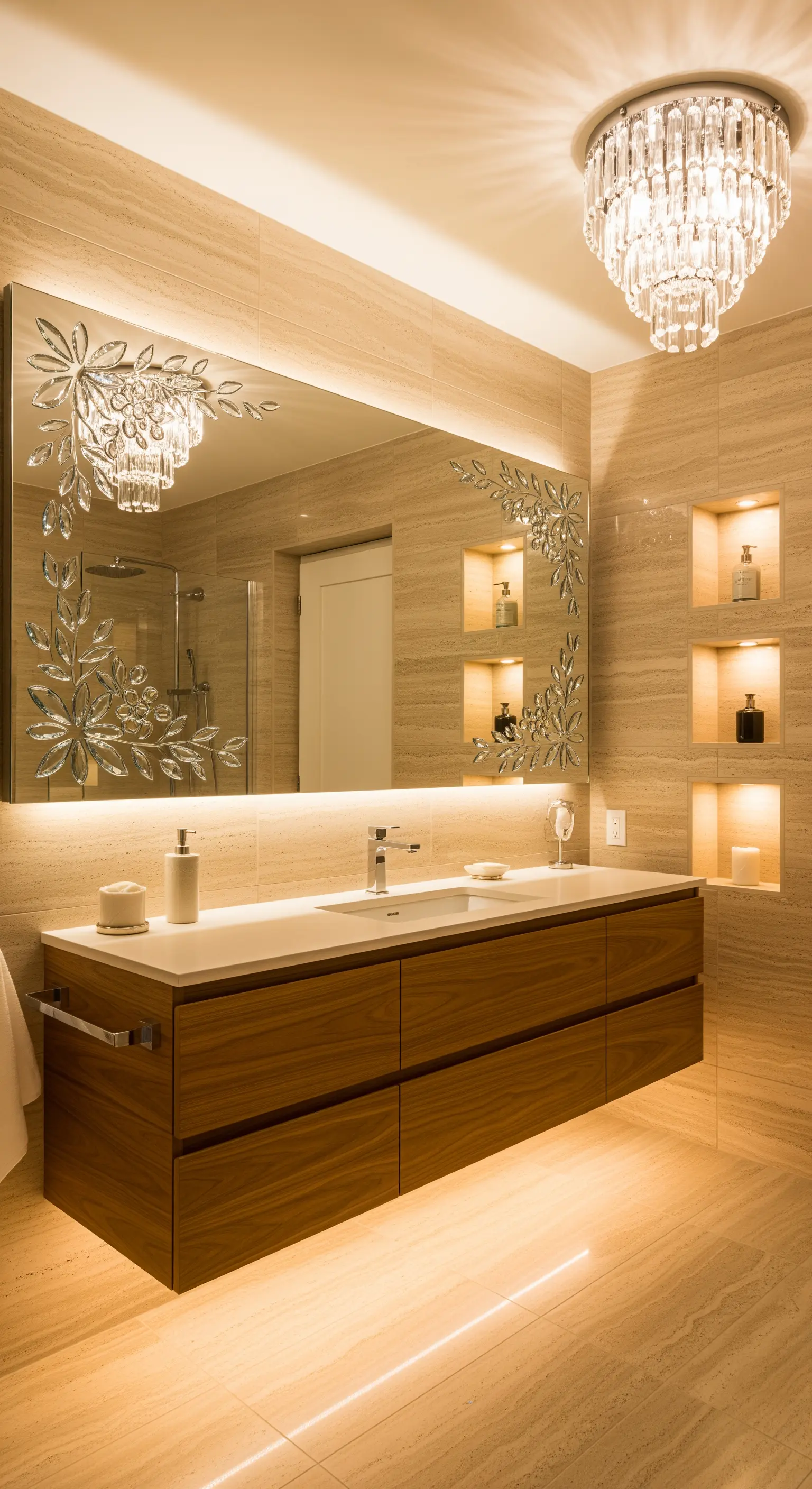 Beiges Natursteinbad mit beleuchteten Nischen und floral verziertem Spiegel