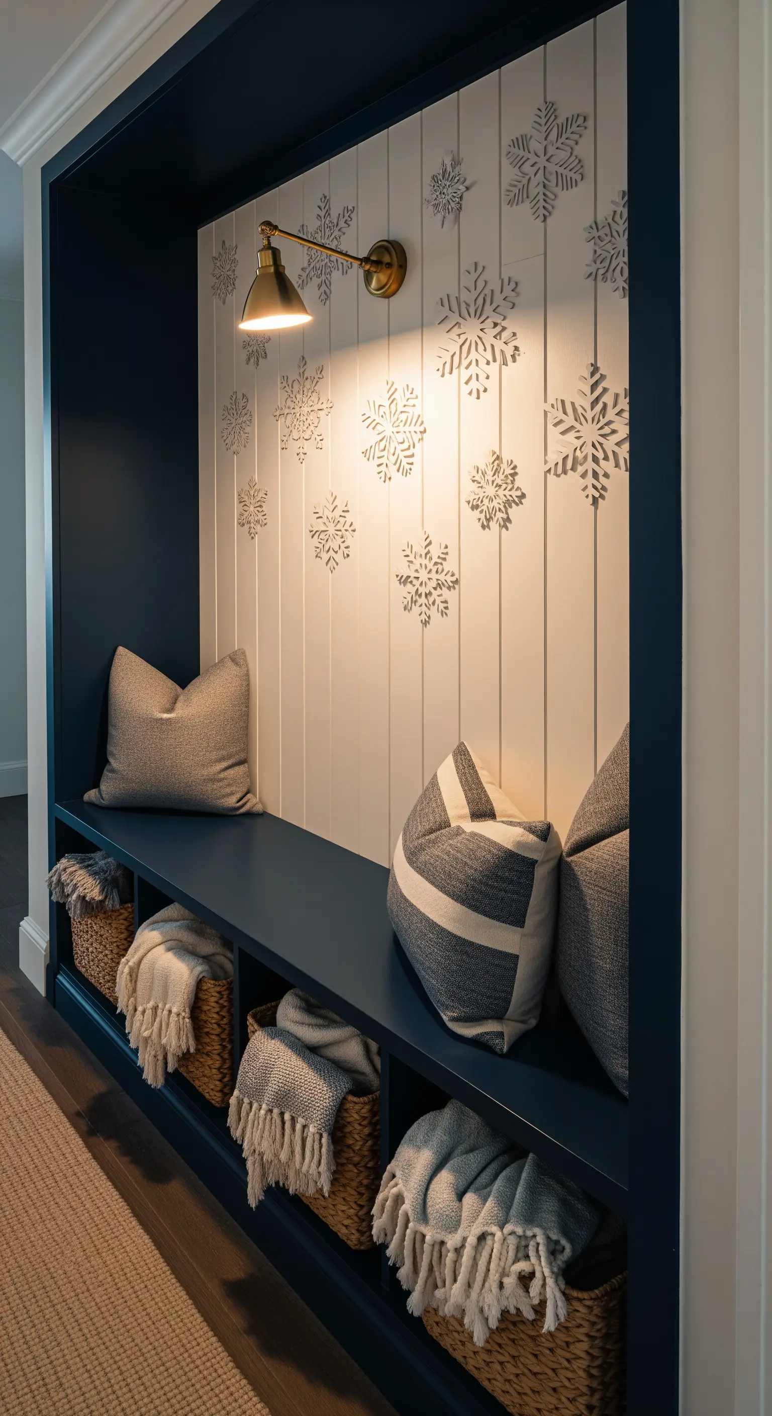 Eingebaute Sitznische in Dunkelblau mit Schneeflocken-Wanddeko