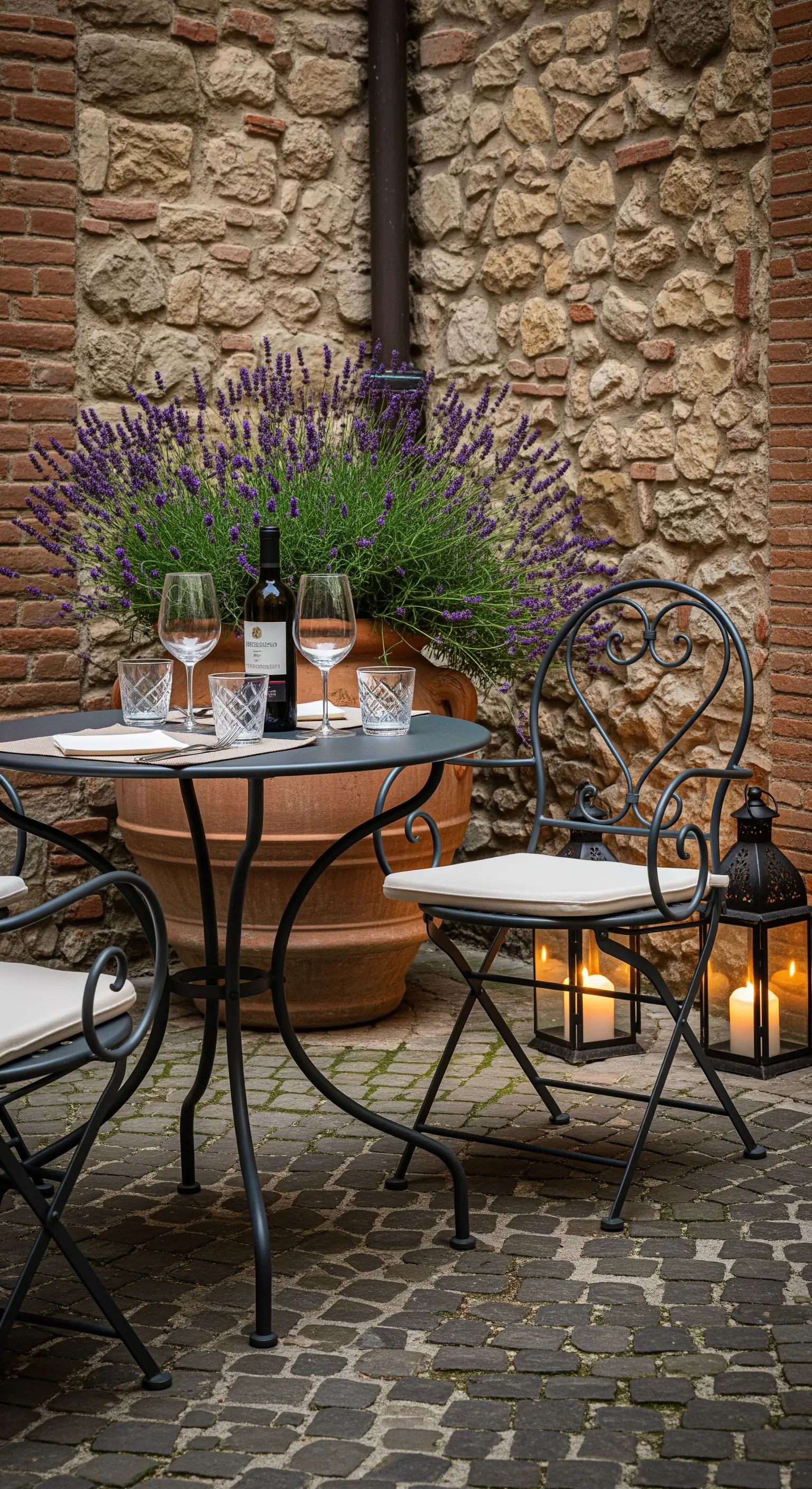 Schwarzes Bistro-Set vor Steinwand mit großem Lavendelbusch und Rotwein