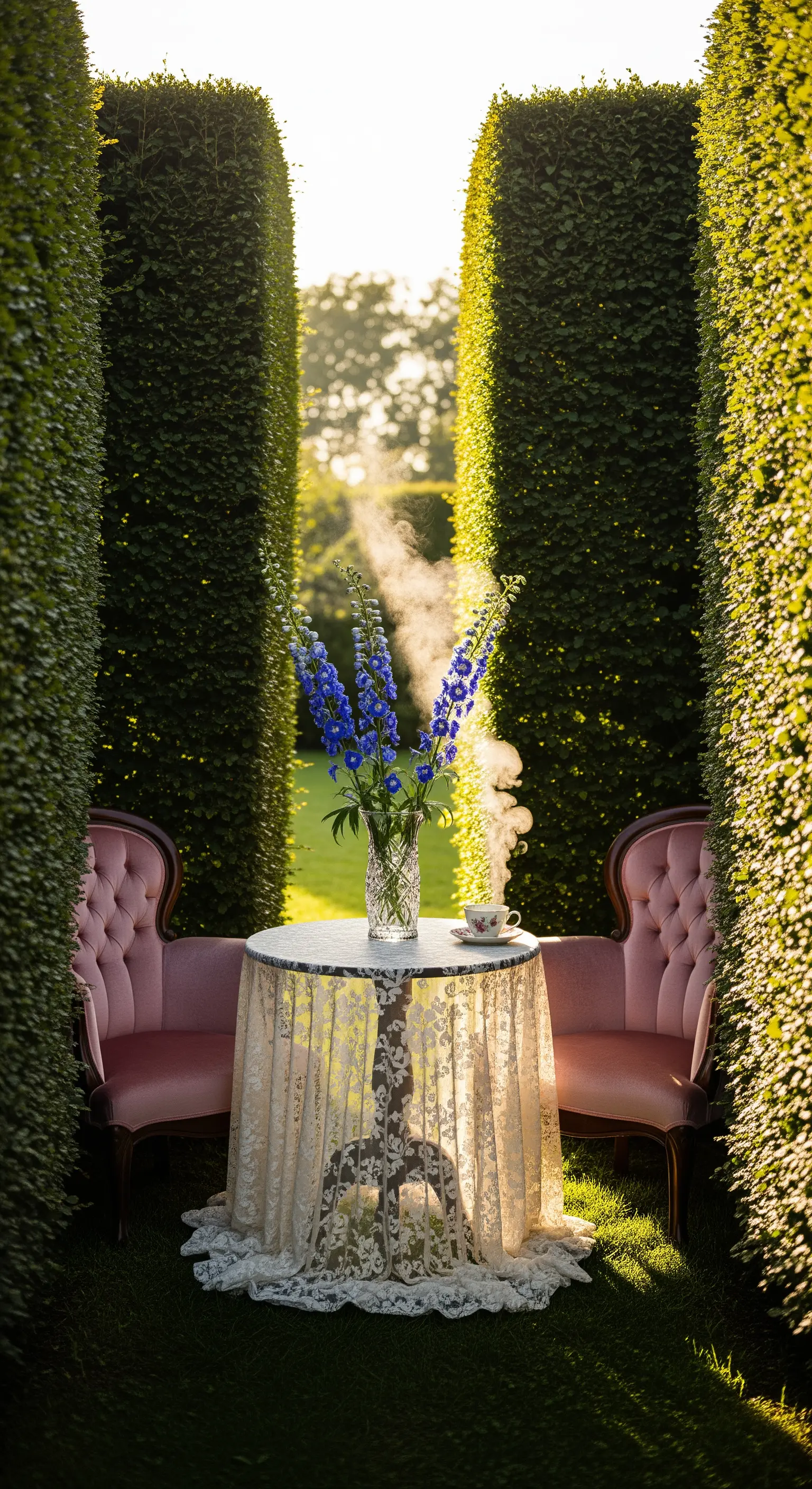 Kleiner Tisch mit Spitzen-Tischdecke zwischen hohen grünen Hecken
