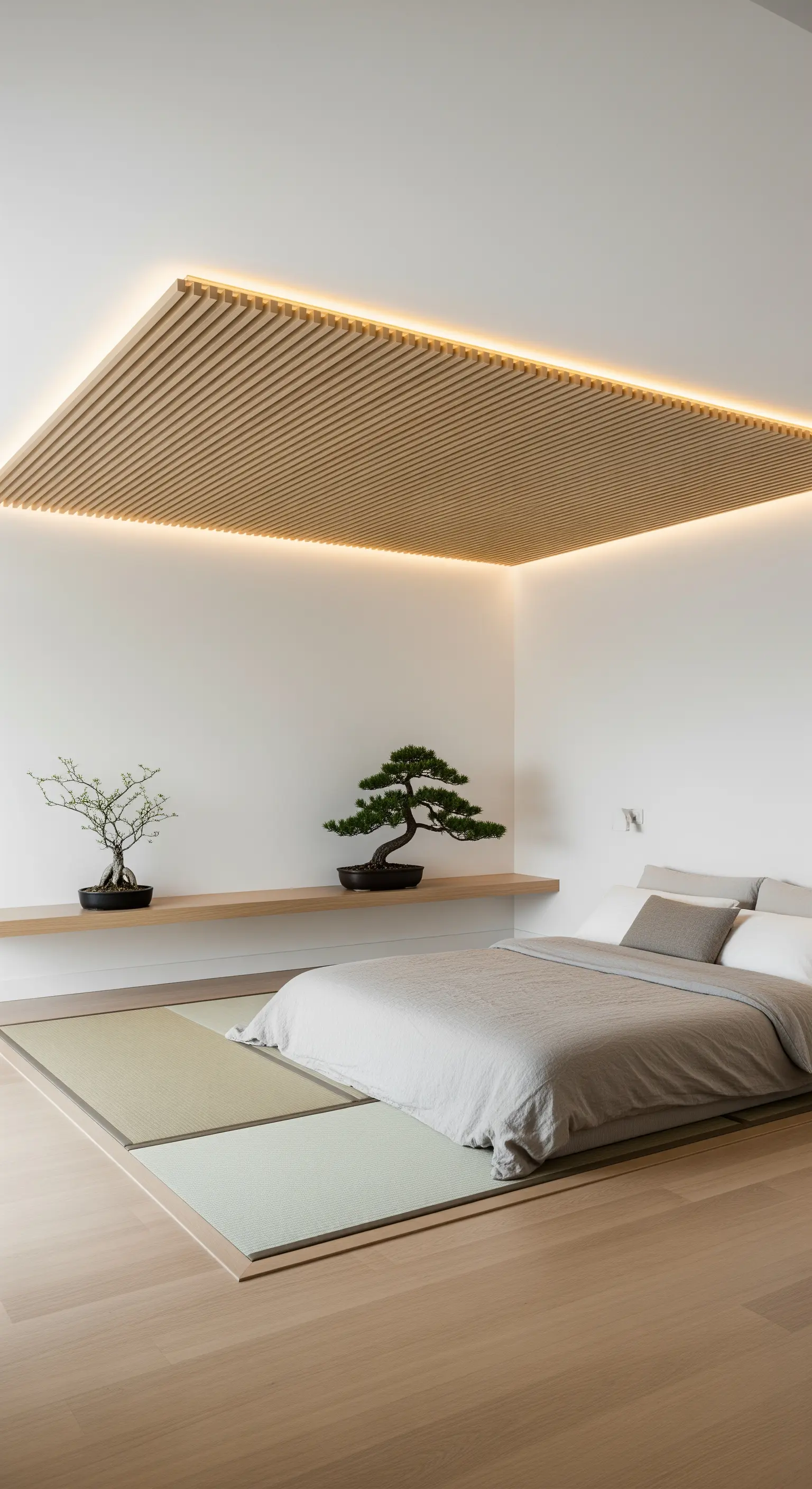 Japandi Schlafzimmer Holzdecke indirektes Licht
