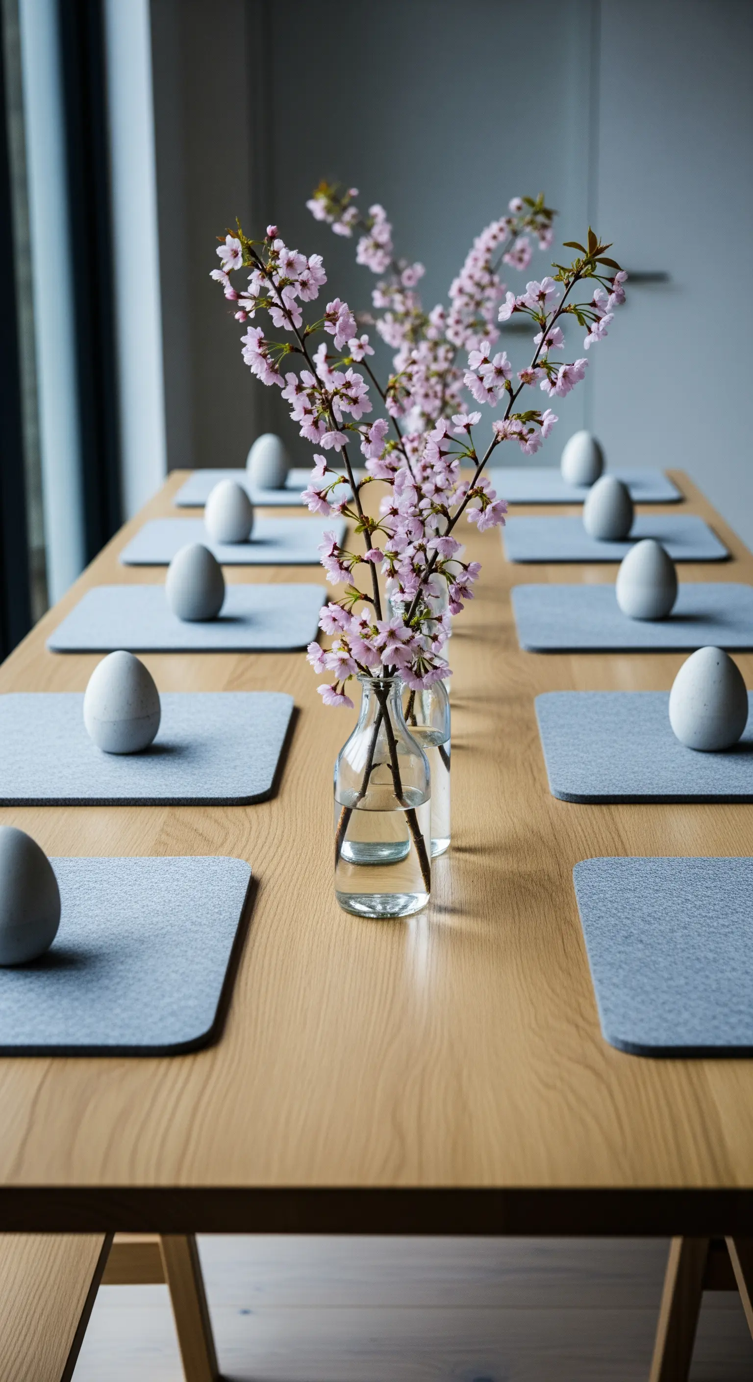 Minimalistischer Tisch mit grauen Filzsets, Beton-Eiern und einzelnen Kirschblütenzweigen