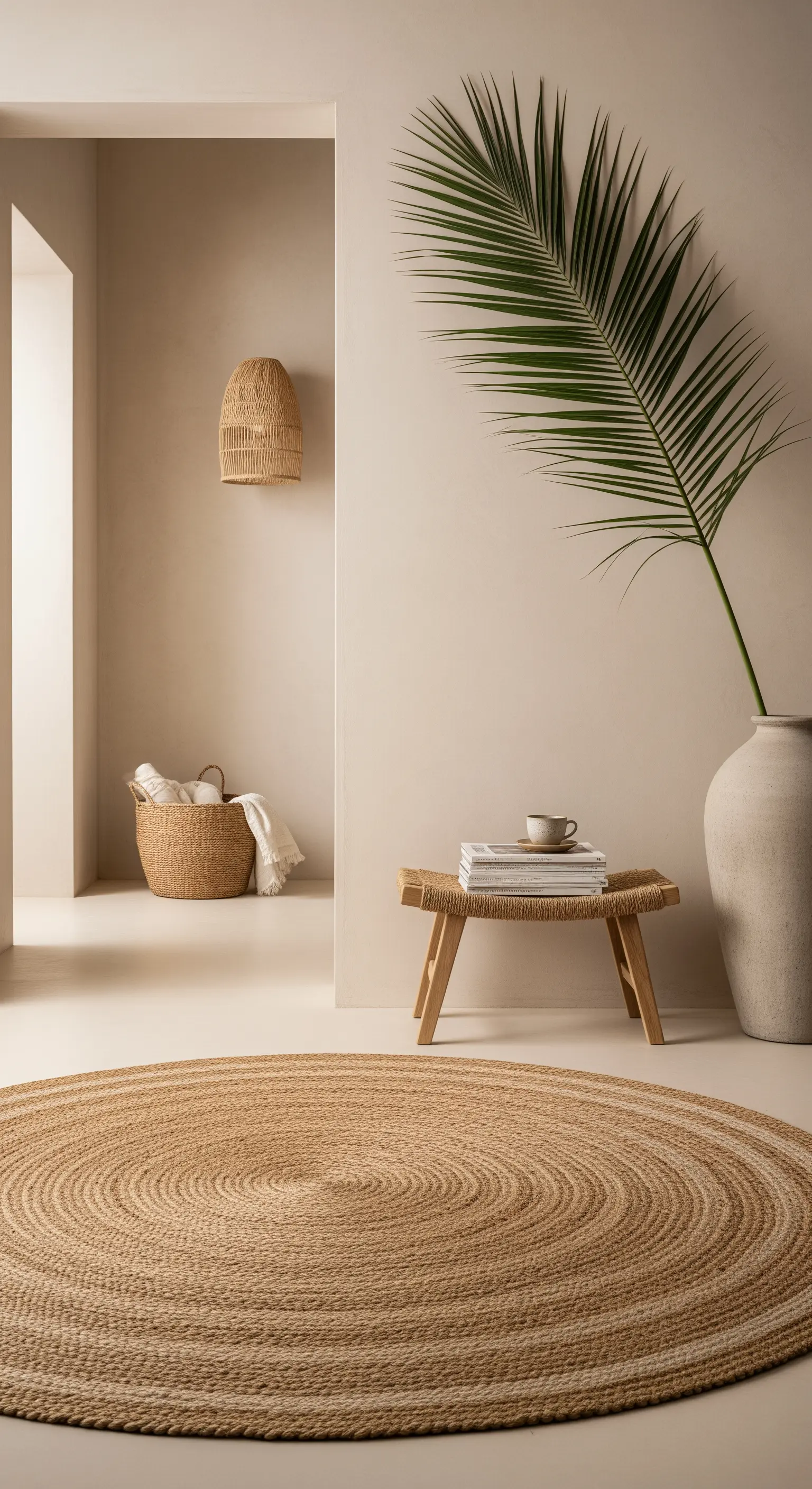 Minimalistischer Flur mit großem Palmblatt und Juteteppich