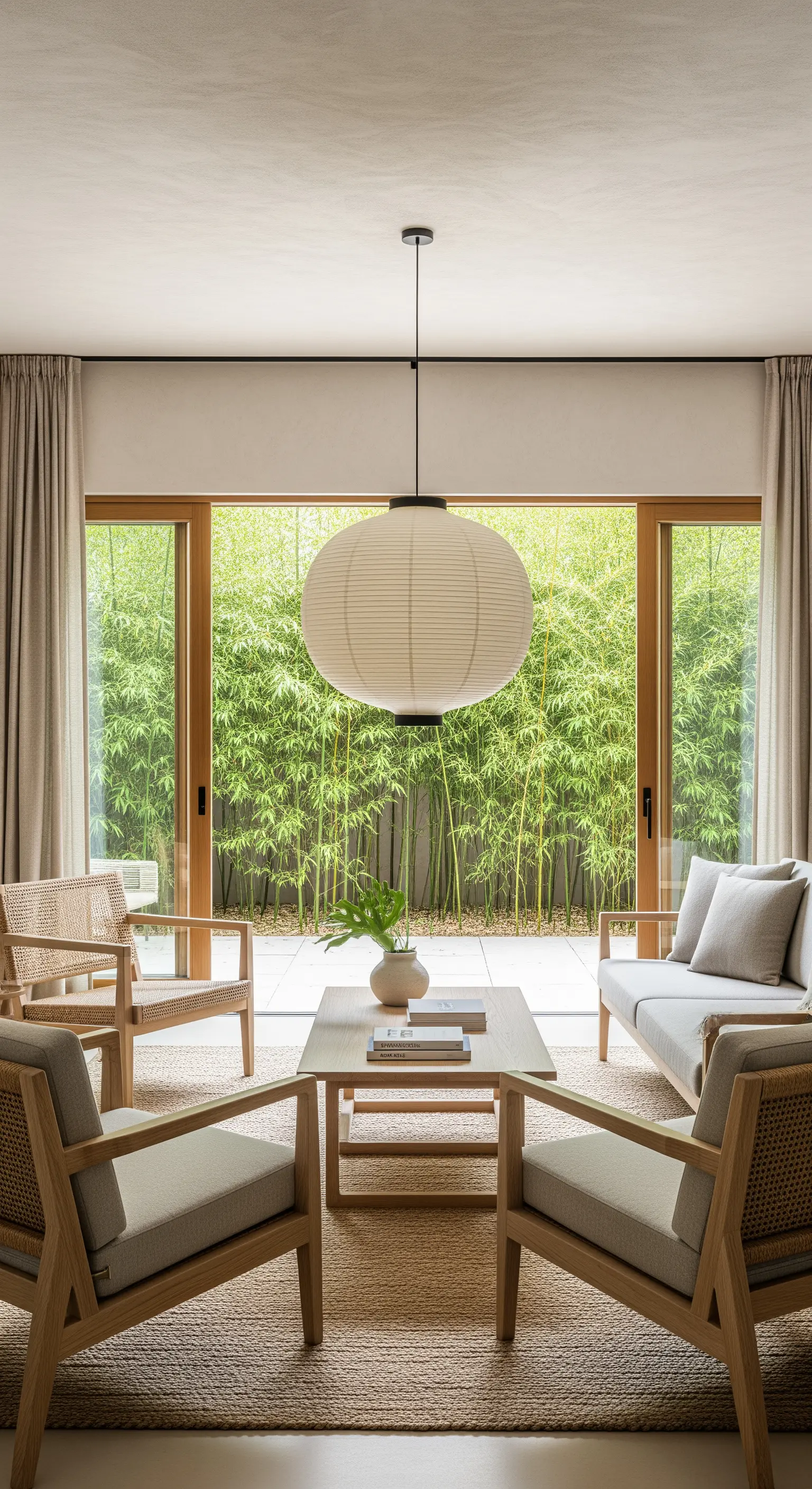 Japandi Wohnzimmer mit großer Papierlampe und Bambusblick