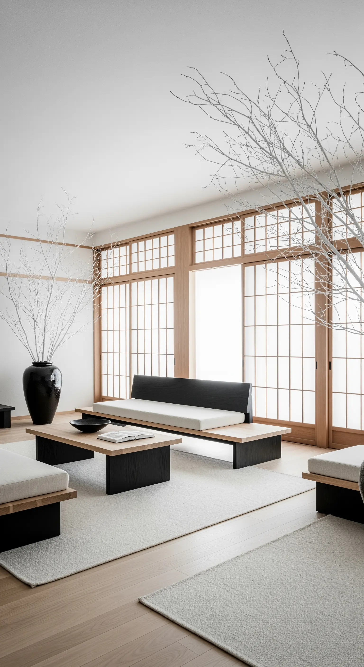 Minimalistischer Raum im Japandi-Stil mit großen weißen Ästen in schwarzer Vase