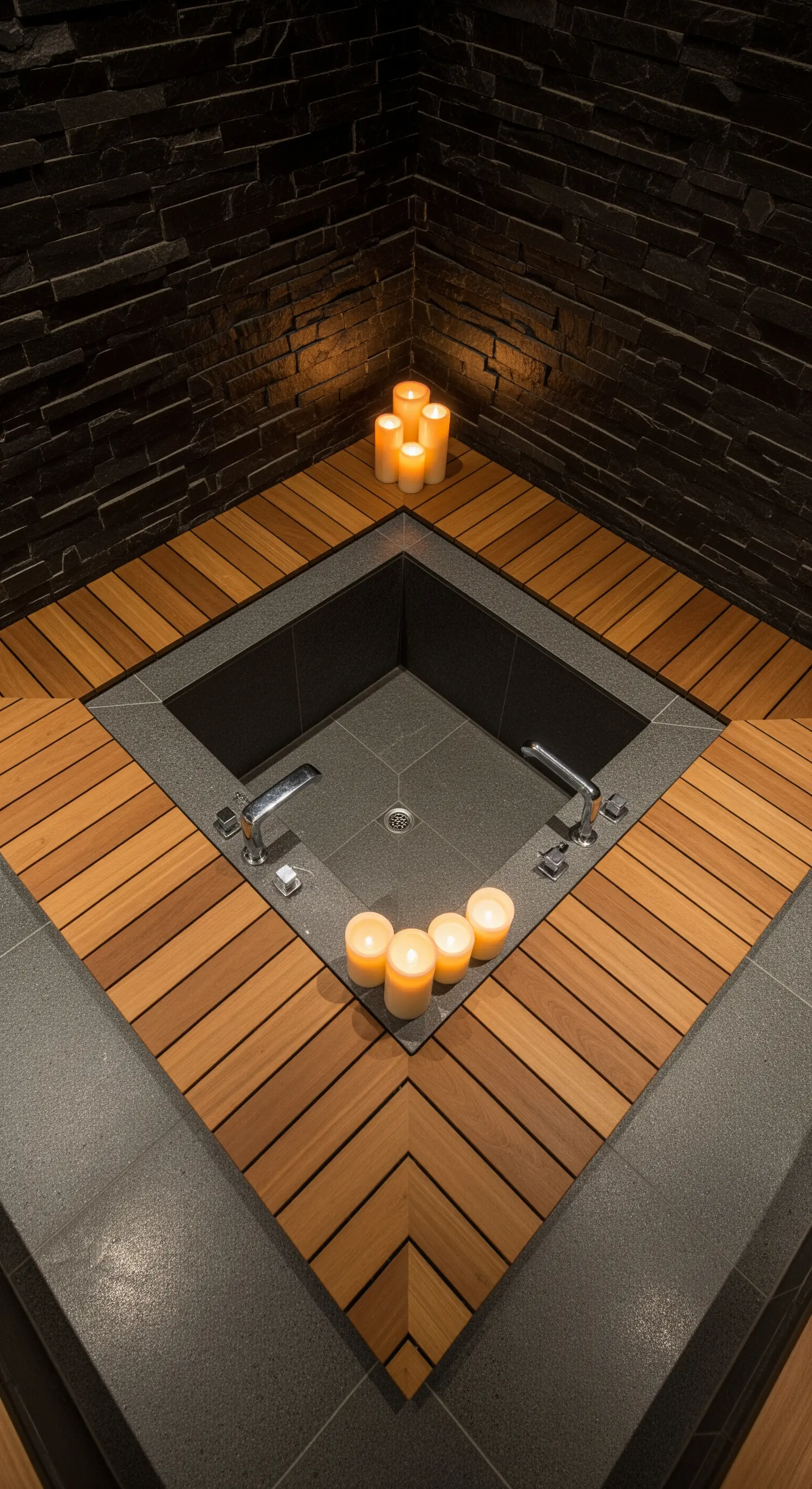 Japanische Badewanne in Holzpodest eingelassen