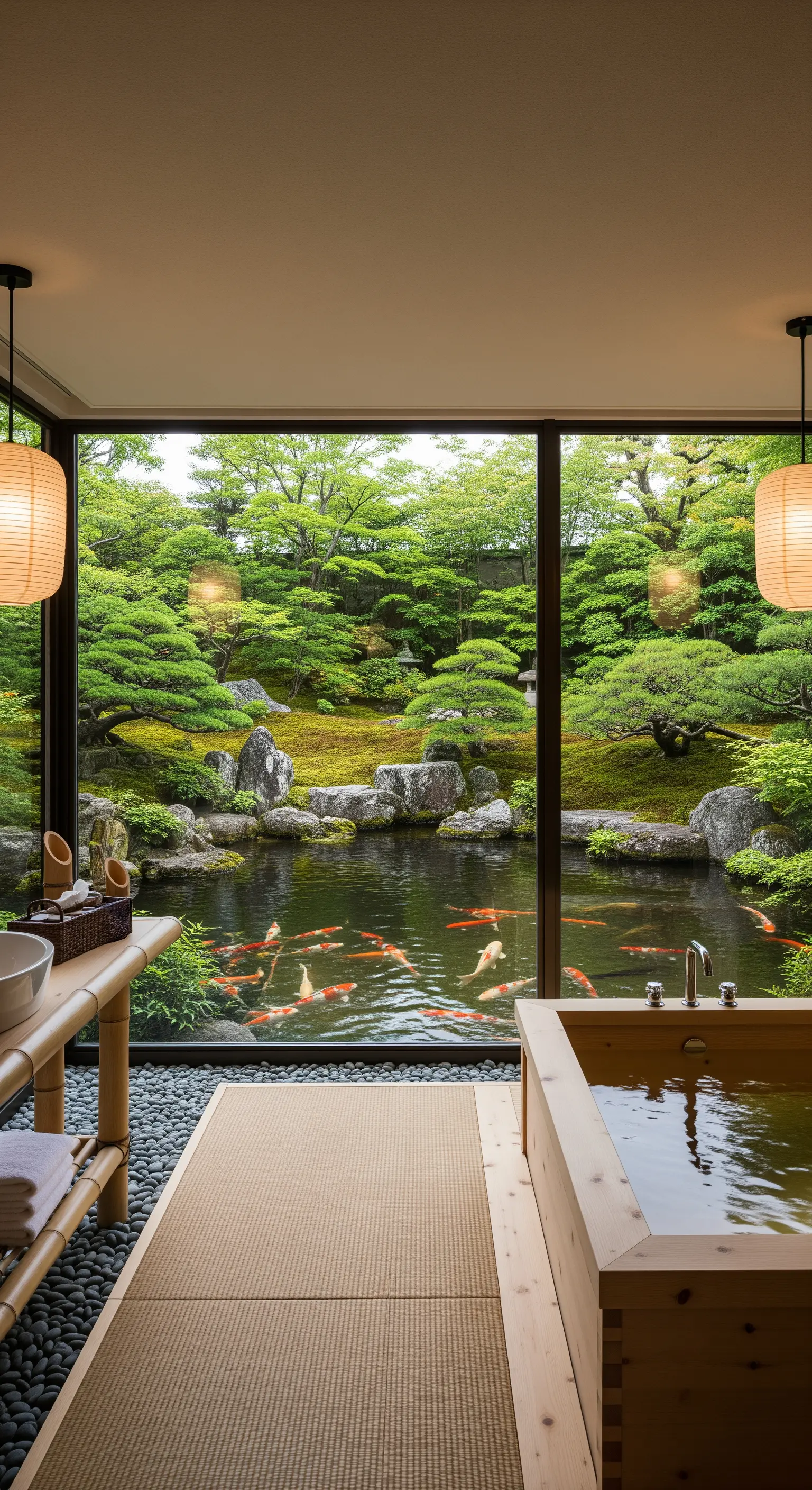 Holzbadewanne und Tatami-Matten vor japanischem Garten