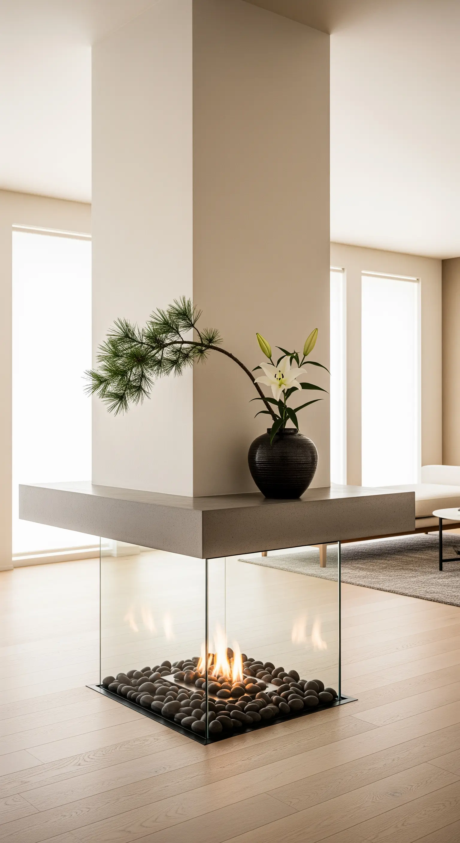 Schwarze Vase mit Ikebana-Zweig auf modernem Glaskamin