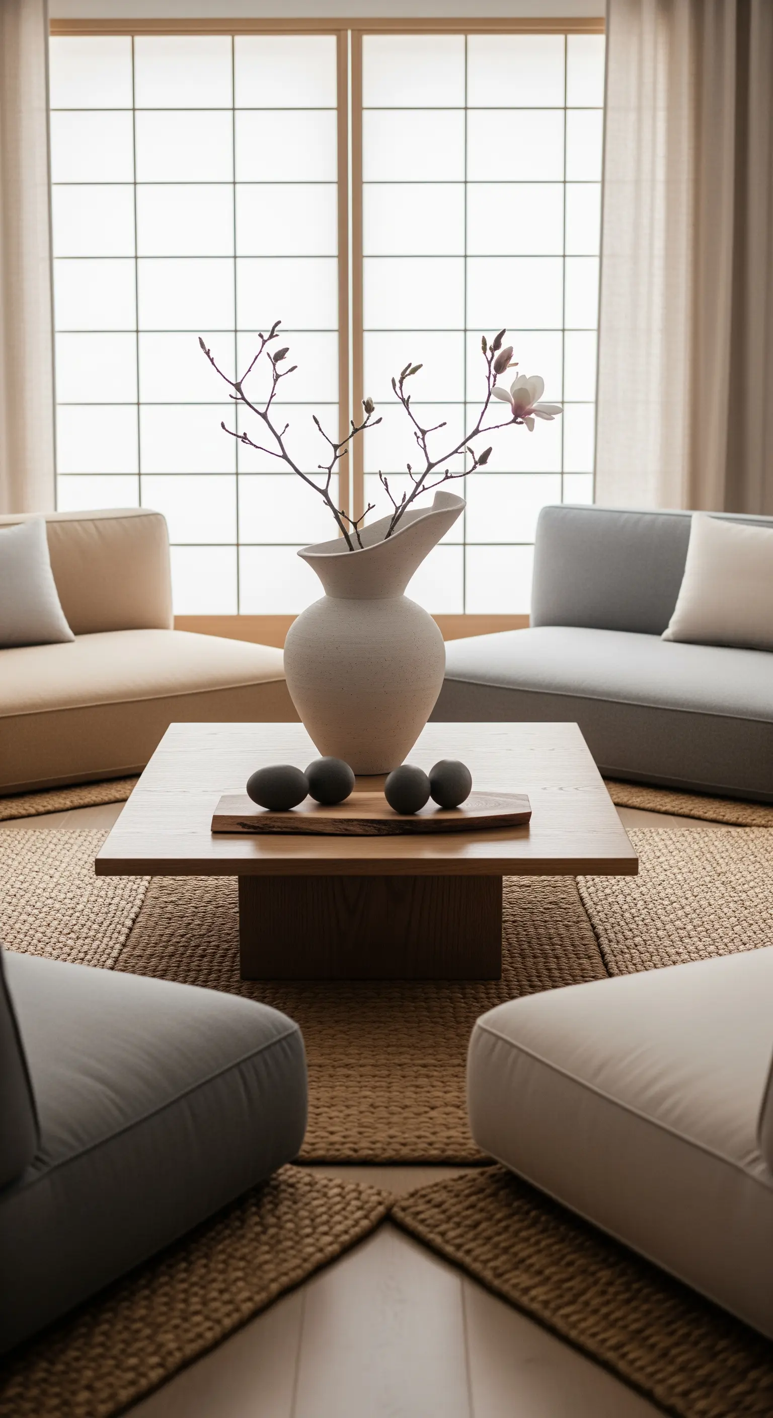 Japandi Wohnzimmer mit Magnolienzweig und Steineiern