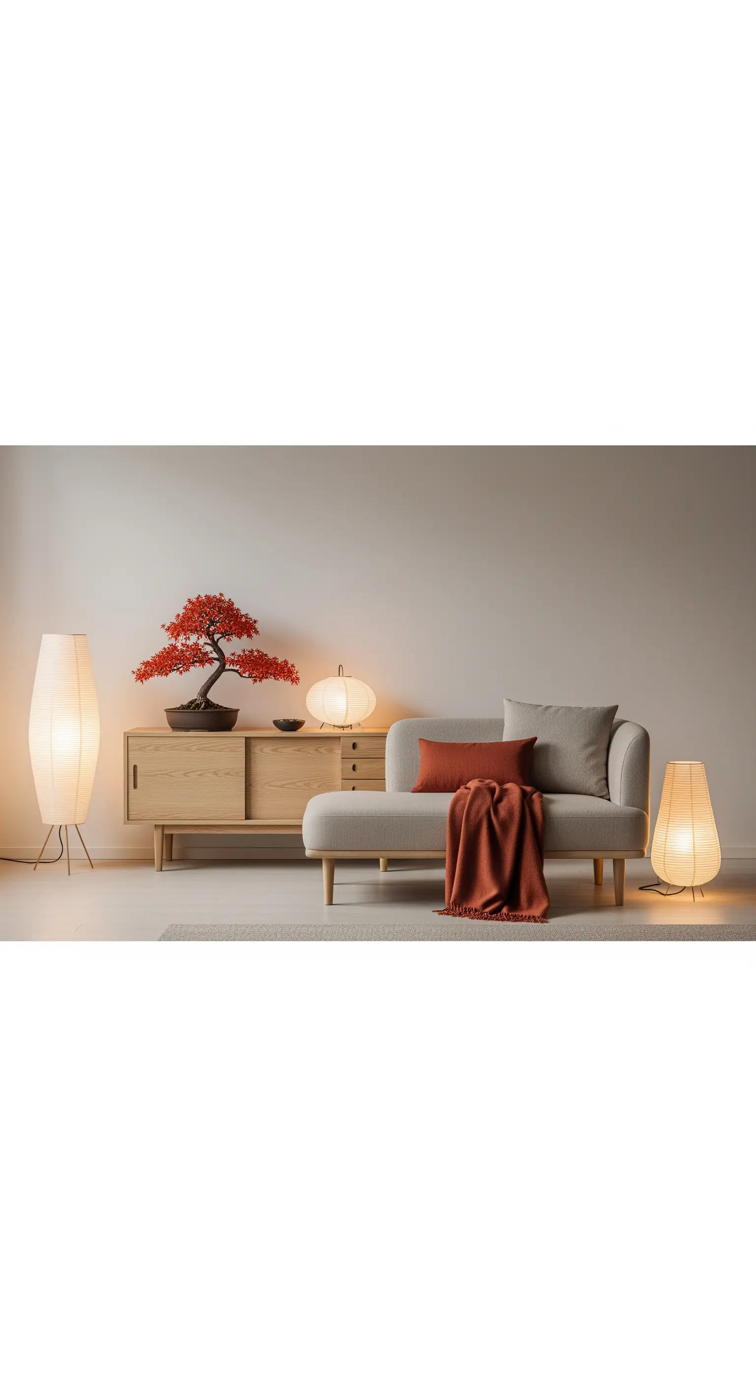 Minimalistisches Wohnzimmer mit rotem Ahorn-Bonsai