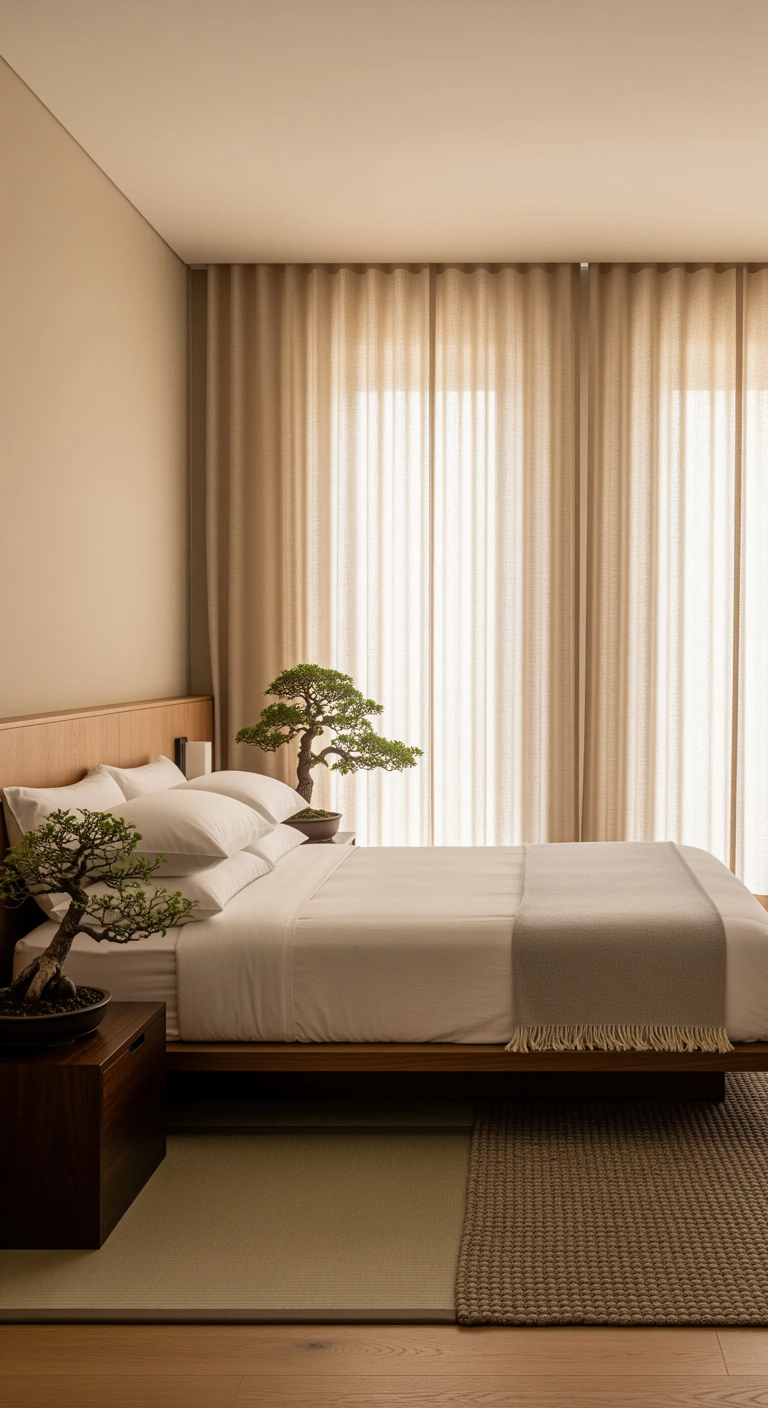Beige Leinenvorhänge in minimalistischem Japandi-Schlafzimmer